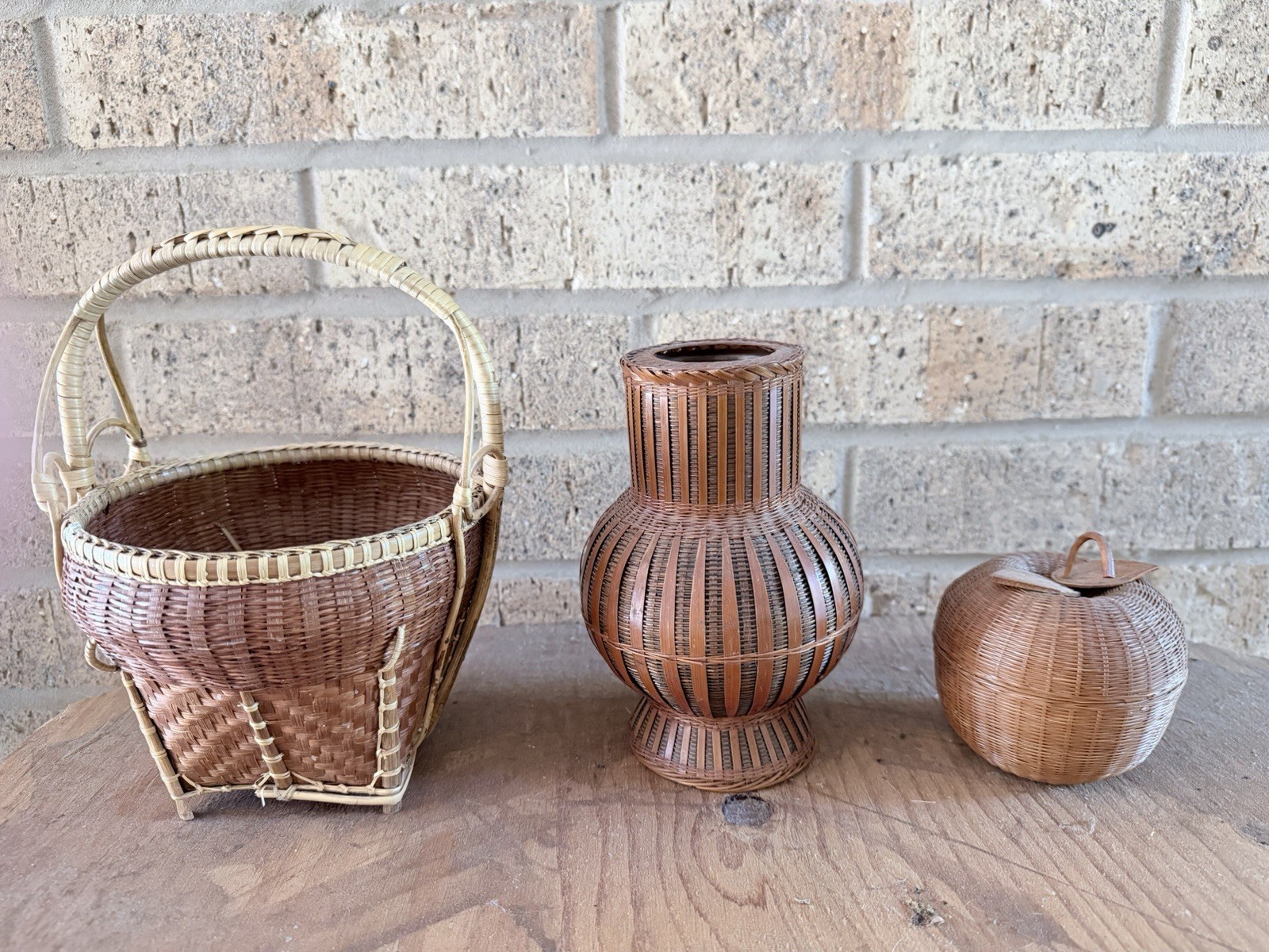 Vintage Handwoven Bamboo Rattan Basket Lot Wicker Vase Thai Chinese Handcraft Vintage Handwoven Bamboo Rattan Basket Lot Wicker Vase Thai Chinese Handcraft