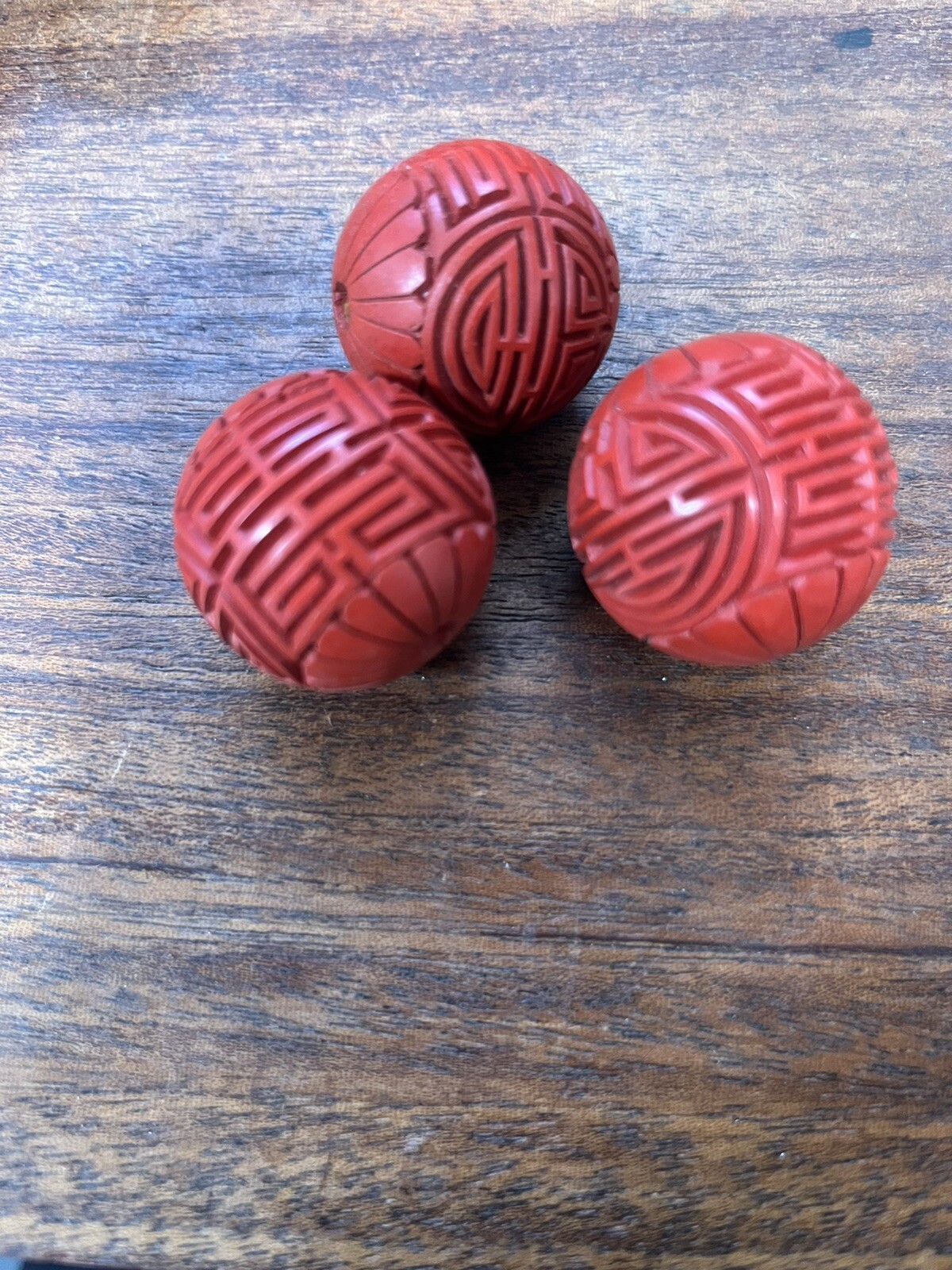 Vintage Antique Lot of 3 Large Carved Chinese Cinnabar Shou Beads Red Vintage Antique Lot of 3 Large Carved Chinese Cinnabar Shou Beads Red