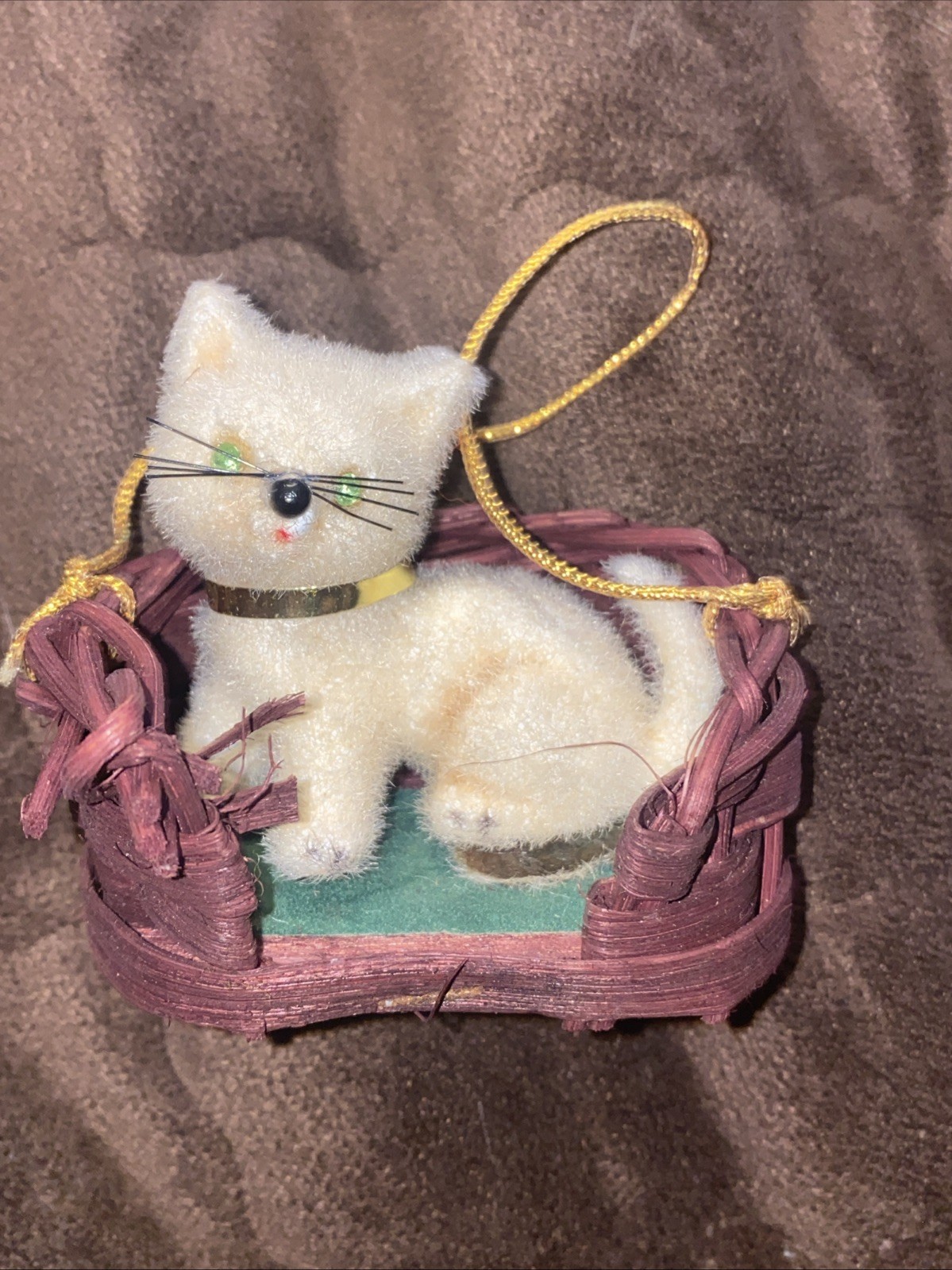Vintage Handwork Kunstlerschutz West Germany Flocked Gray Whote Cat in Basket Vintage Handwork Kunstlerschutz West Germany Flocked Gray Whote Cat in Basket