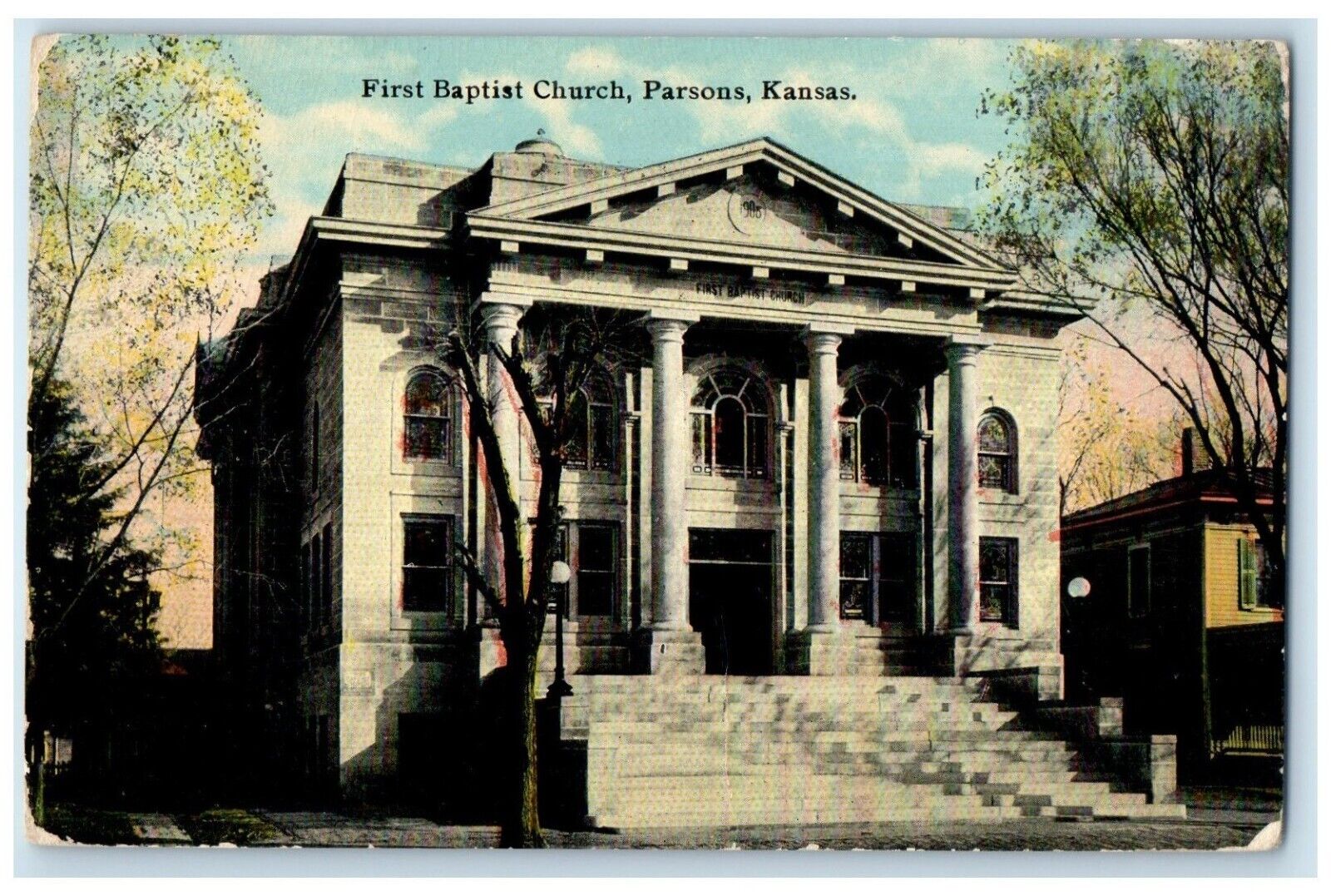 1912 First Baptist Church Chapel Exterior Building Stair Parsons Kansas Postcard