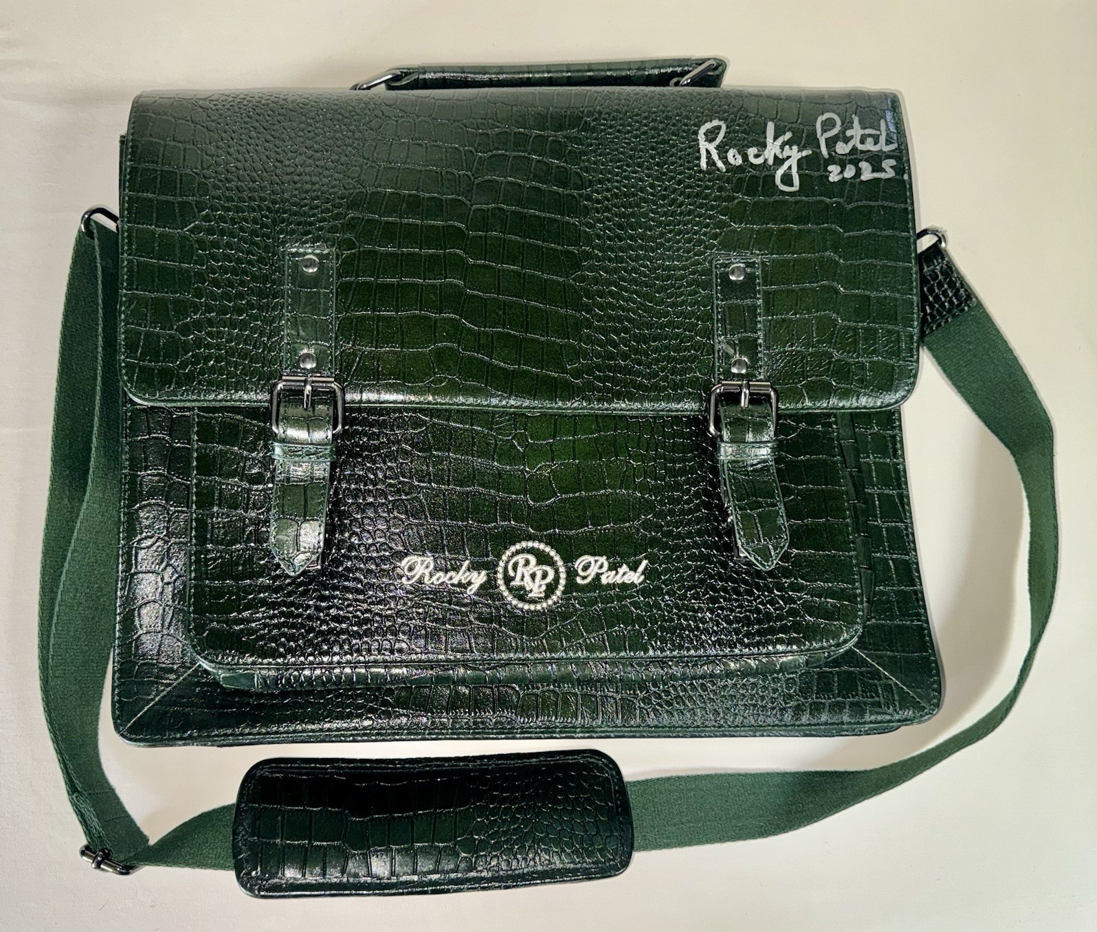Autographed Rocky Patel Green Crocodile Pattern Executive Briefcase Autographed Rocky Patel Green Crocodile Pattern Executive Briefcase