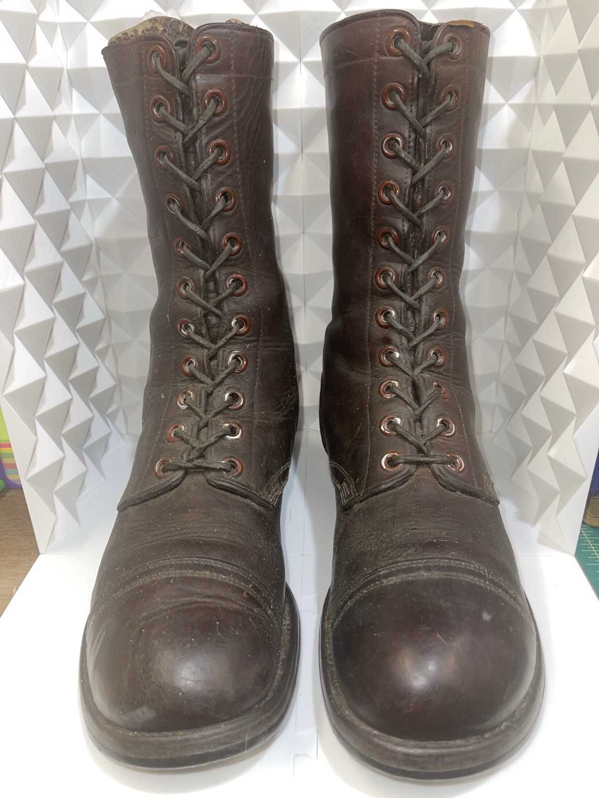 Vtg M1948 Russet Brown Combat Boots US Army Korean War Cap Toe Jump WWII 10.5 W