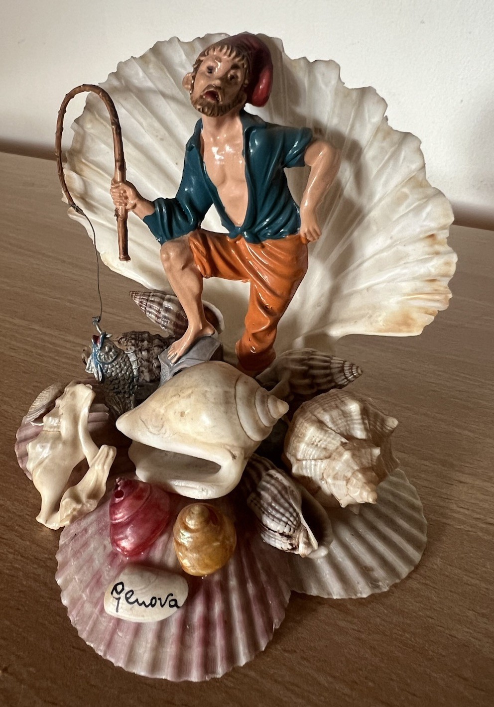 Vintage Mid Century Man Fishing Seashell Genova Italy Souvenir Sculpture