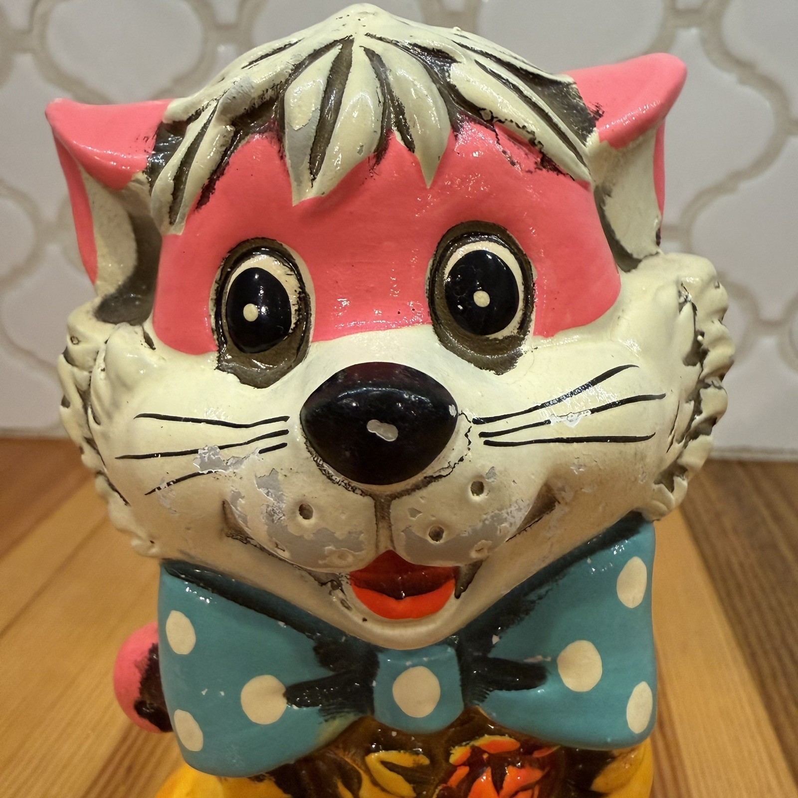 Vintage 60’s Holiday Fair Ceramic Cat  Bank Neon Anthropomorphic Psychedelic Mid