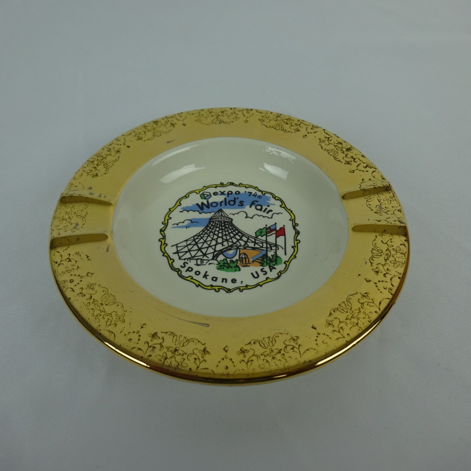 1974 Vintage World\'s Fair Expo Spokane USA~ Gold Rim Porcelain Ashtray Souvenir 1974 Vintage World\'s Fair Expo Spokane USA~ Gold Rim Porcelain Ashtray Souvenir