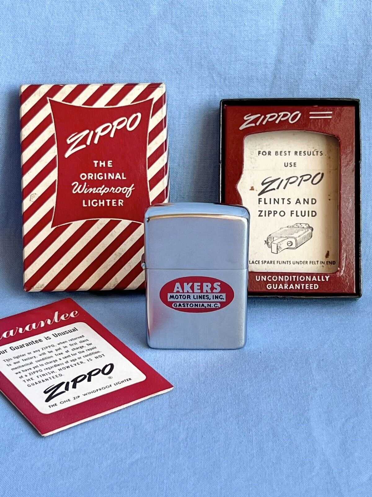 Vintage 1953-1954 ZIPPO Lighter Advertising AKERS Motor Lines Gastonia NC In Box