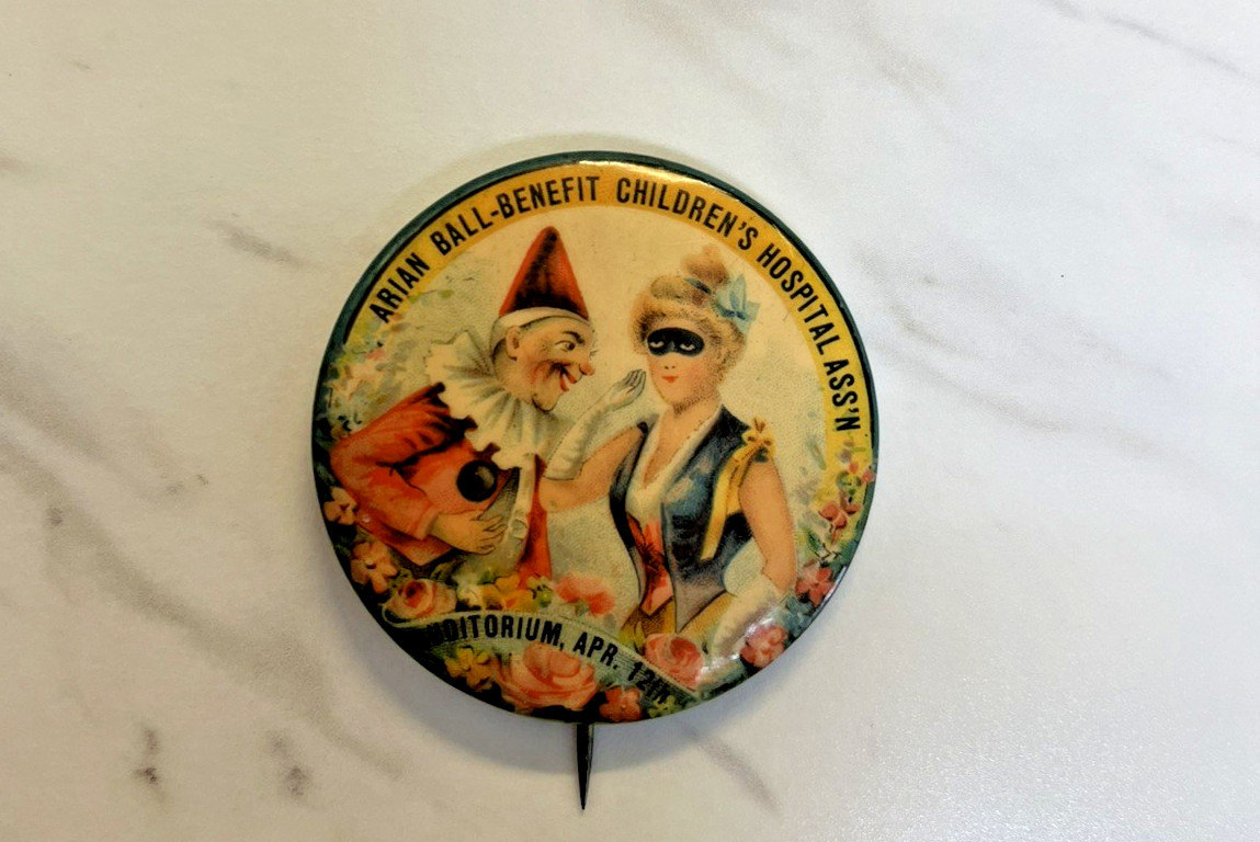 RARE vtg 1896 Whitehead & Hoag celluloid Halloween pin of Clown & masked woman RARE vtg 1896 Whitehead & Hoag celluloid Halloween pin of Clown & masked woman