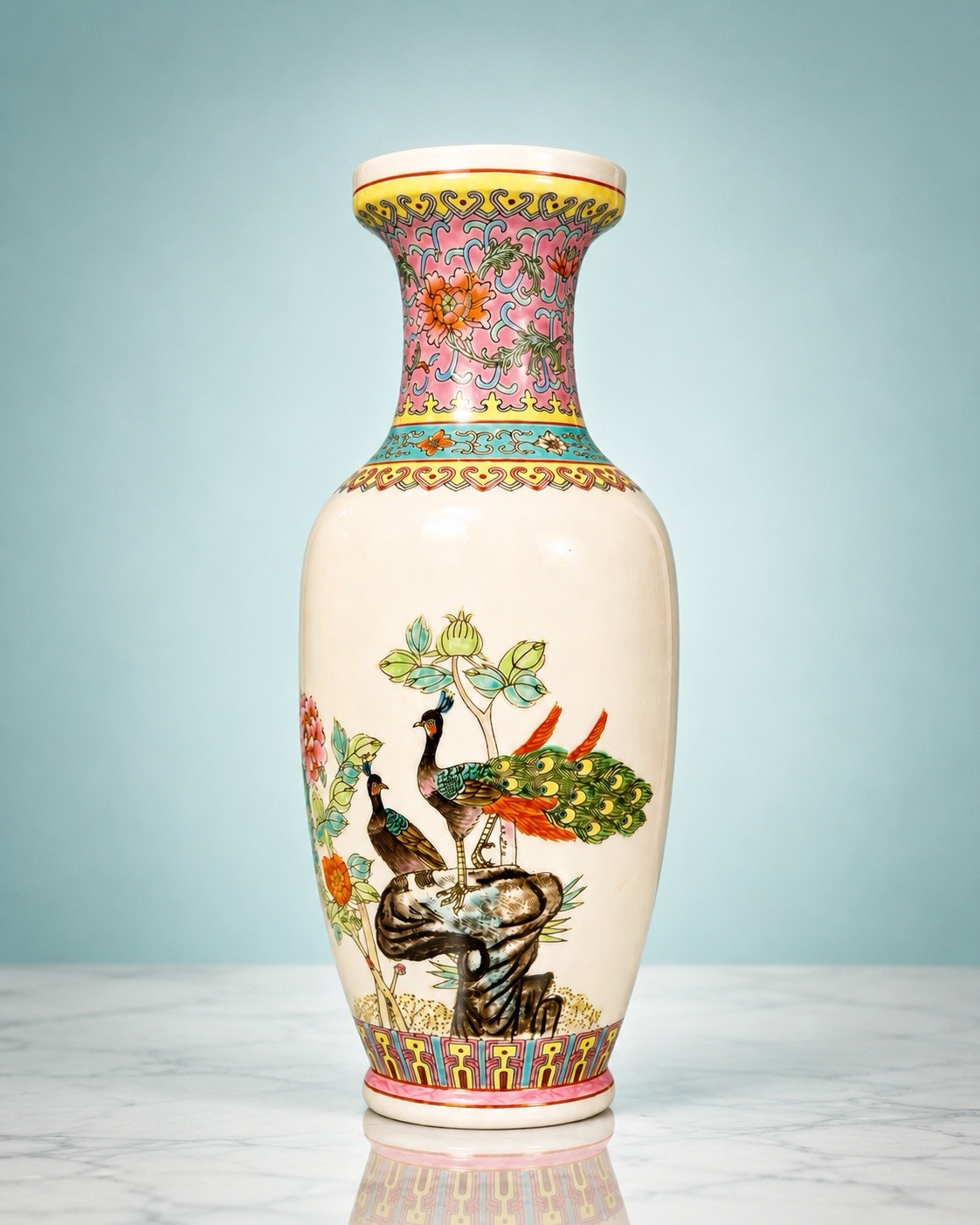 Jingdezhen 1960s Vase Peafowl Floral Famille Rose Porcelain, 4x12\ Jingdezhen 1960s Vase Peafowl Floral Famille Rose Porcelain, 4x12\