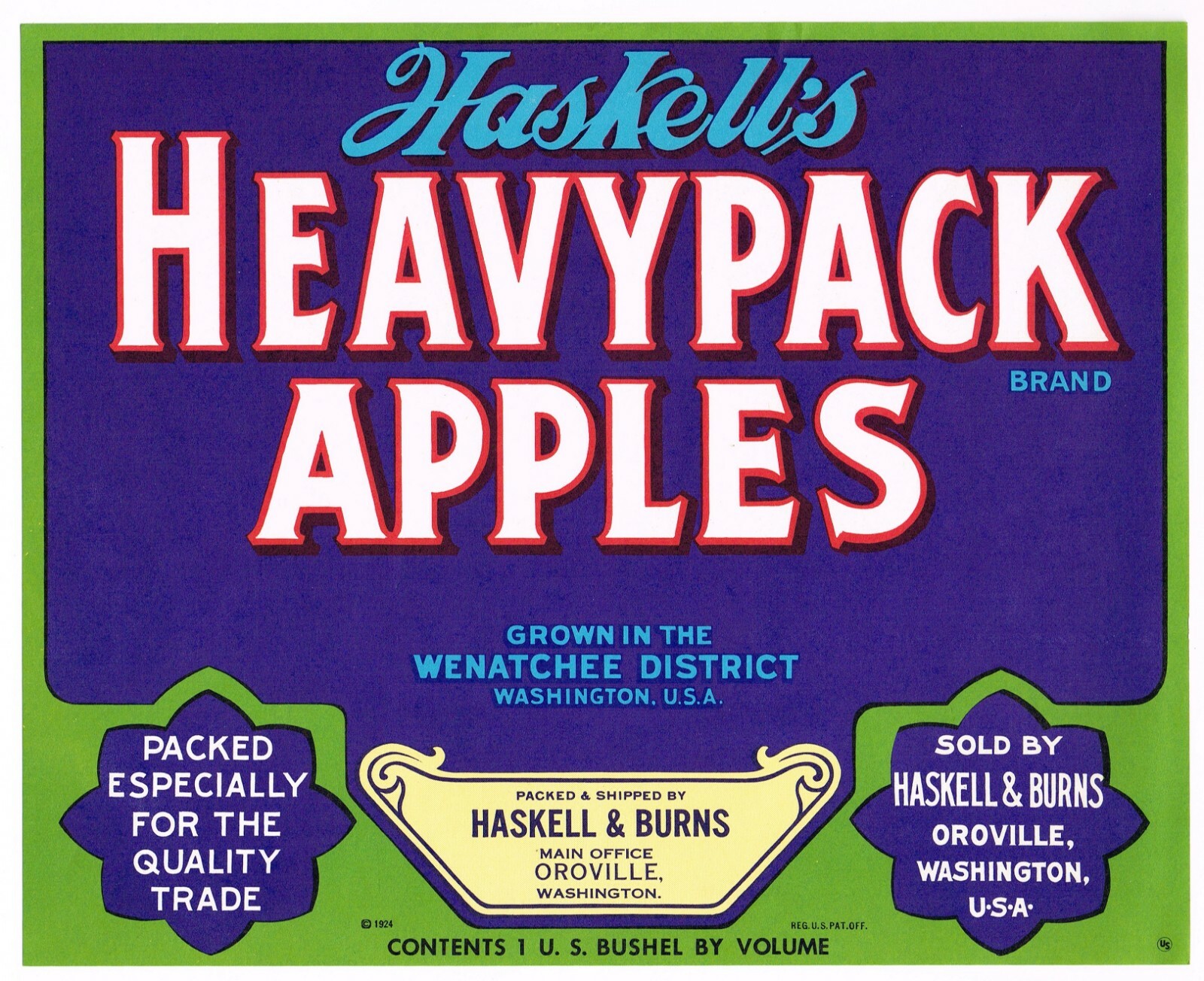 ORIGINAL BLUE HASKELL\'S HEAVYPACK APPLE CRATE LABEL WENATCHEE OROVILLE 1950S 