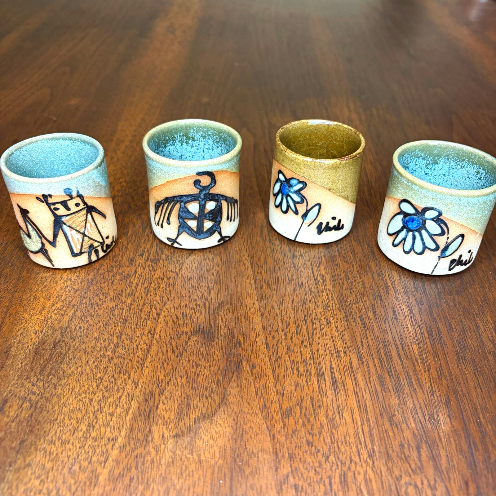 4 Vtg Carlota J Ceramic Gres Shot Glasses Folk Art Bird/ Llama/ Flower Tea Cup 4 Vtg Carlota J Ceramic Gres Shot Glasses Folk Art Bird/ Llama/ Flower Tea Cup