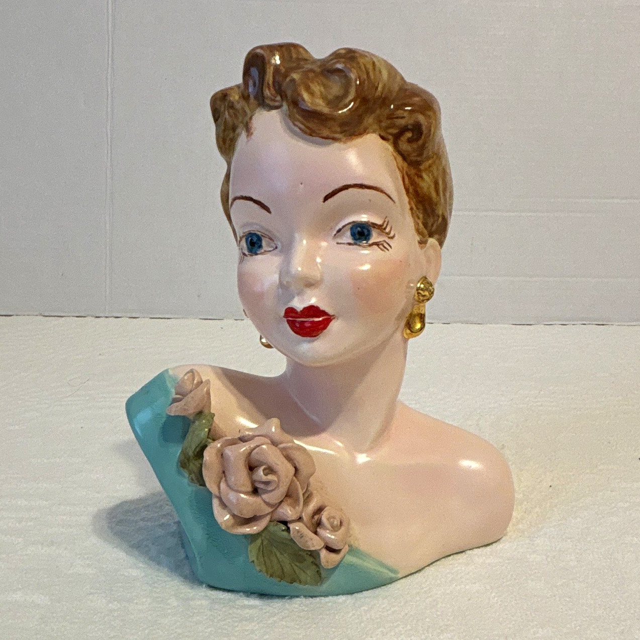 Vintage 1950s Glazed Ceramic Lady Bust Figurine Floral Dress Gold Earrings Vintage 1950s Glazed Ceramic Lady Bust Figurine Floral Dress Gold Earrings