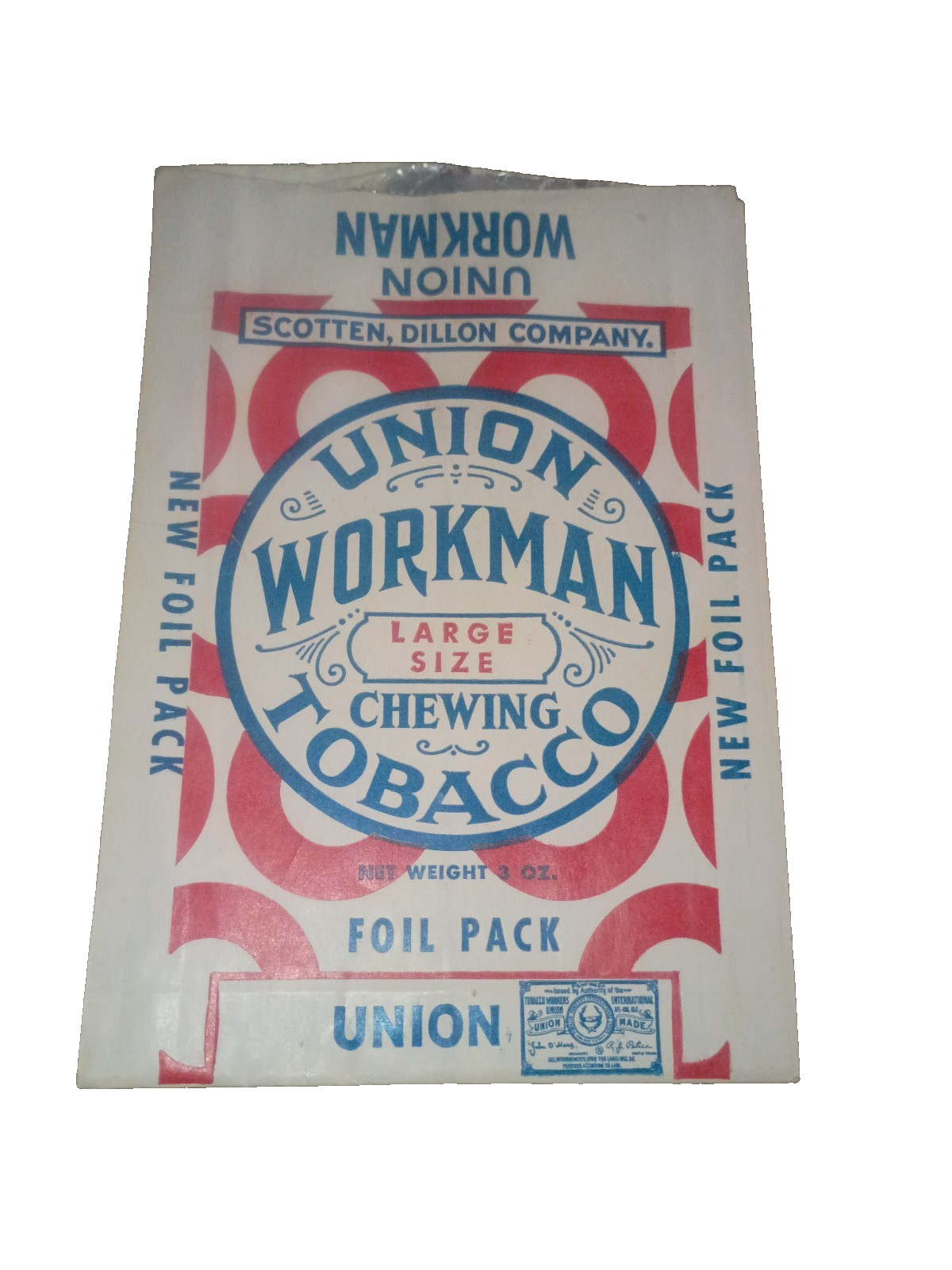 Vintage c1940 Union Workman Chewing Tobacco Foil Pouch Scotten Dillon Detroit Vintage c1940 Union Workman Chewing Tobacco Foil Pouch Scotten Dillon Detroit