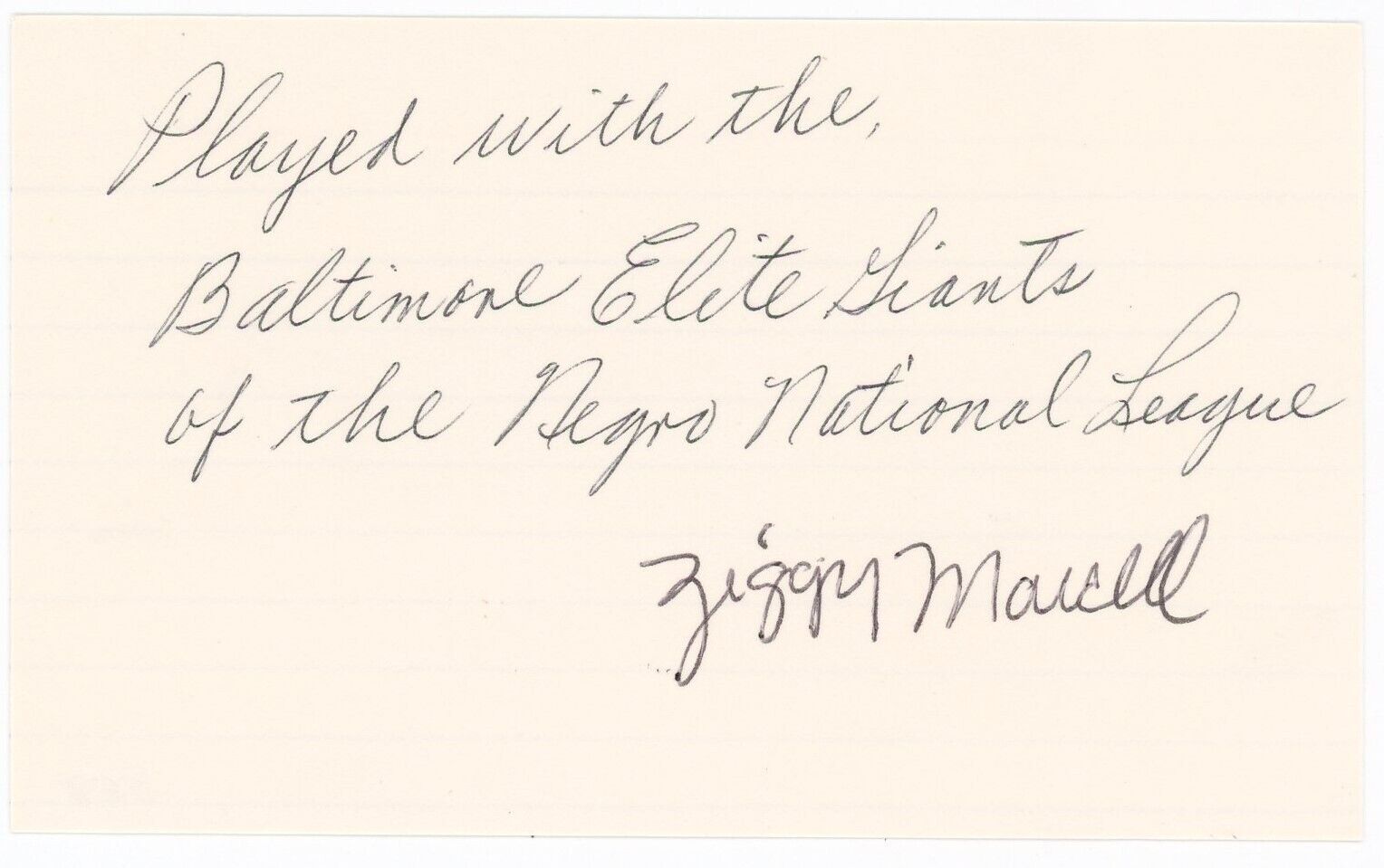 Ziggy Marcell Signed Autograph 3x5 Index Card 1939-48 Negro Leagues (d. 1990)