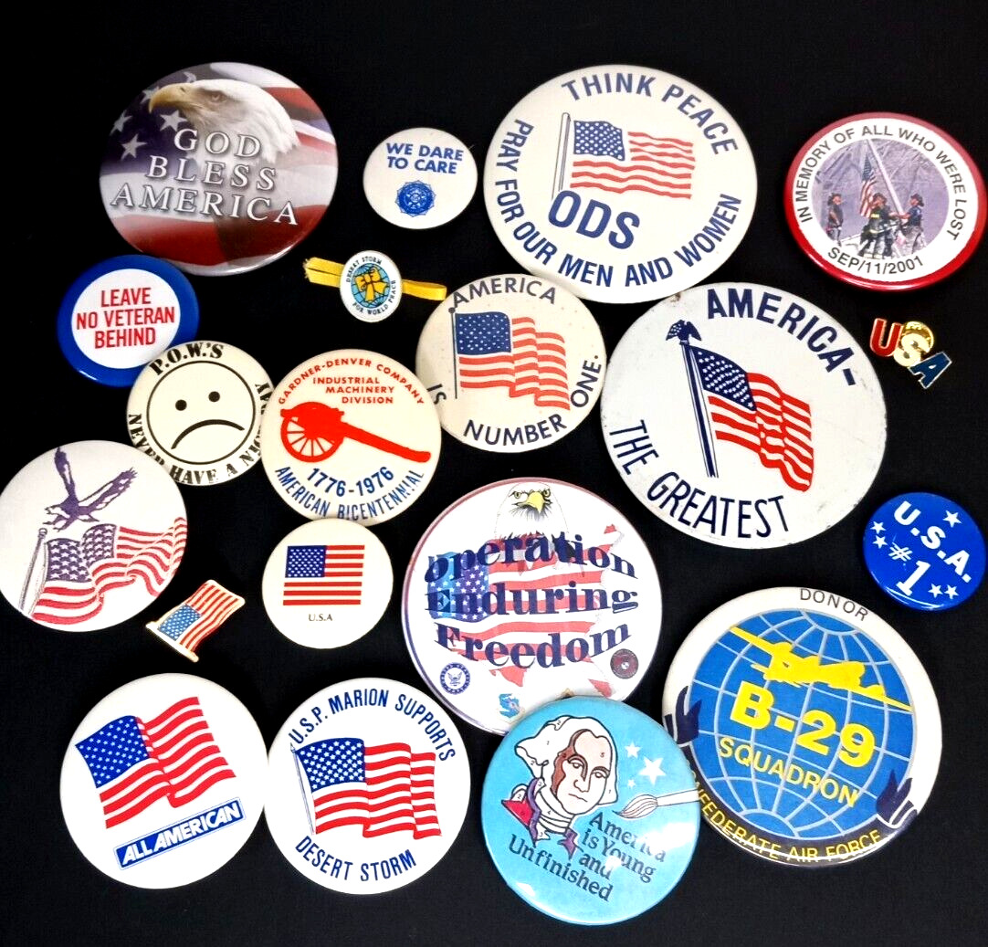 Vintage Lot of 20 USA Pinbacks Buttons Military Patriotic Flag America + Lapel