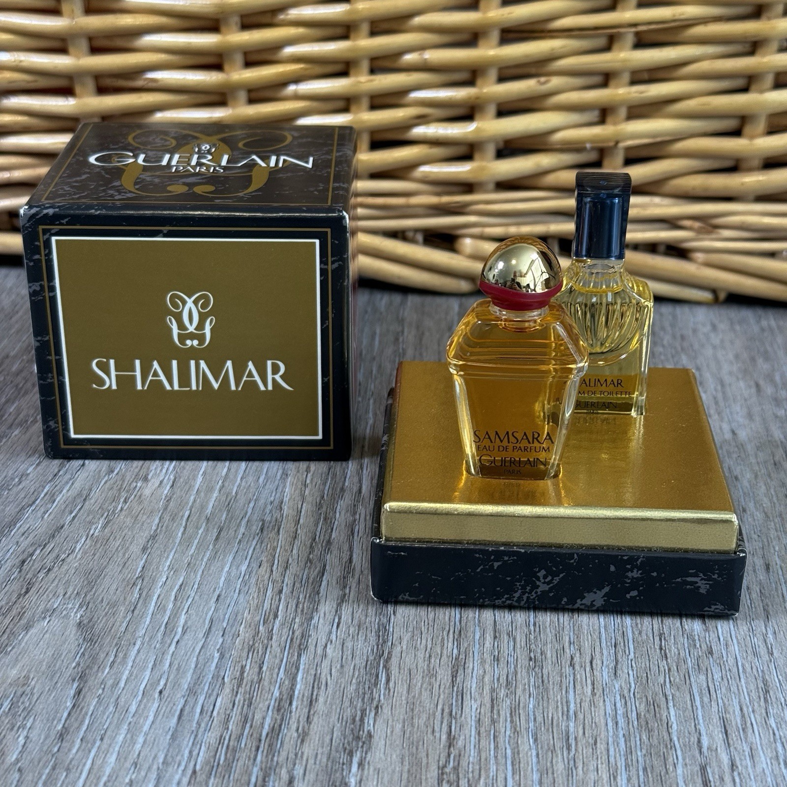VTG Gift Set Shalimar & Samsara Guerlain Parfum & Toilette 1/4 oz ea w/ Orig Box