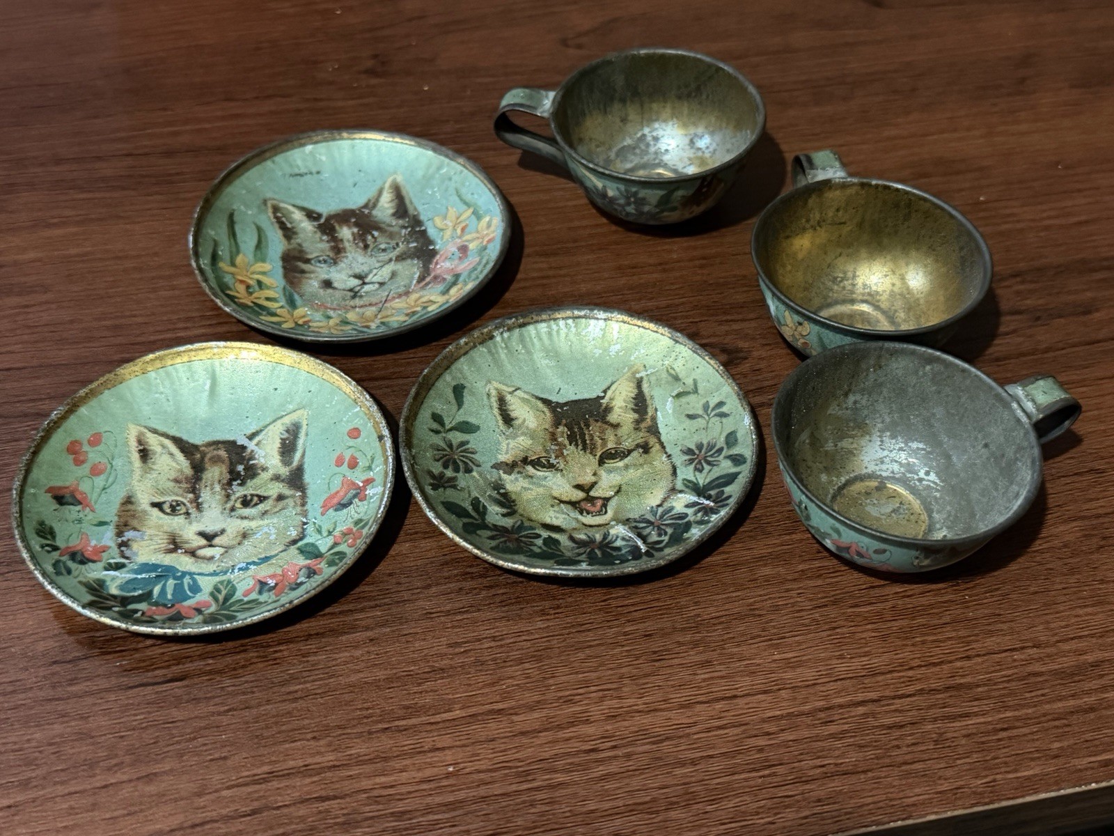 Rare Antique Victorian Tin Litho Cat Kitten Child’s Toy Tea Set 6 Pc