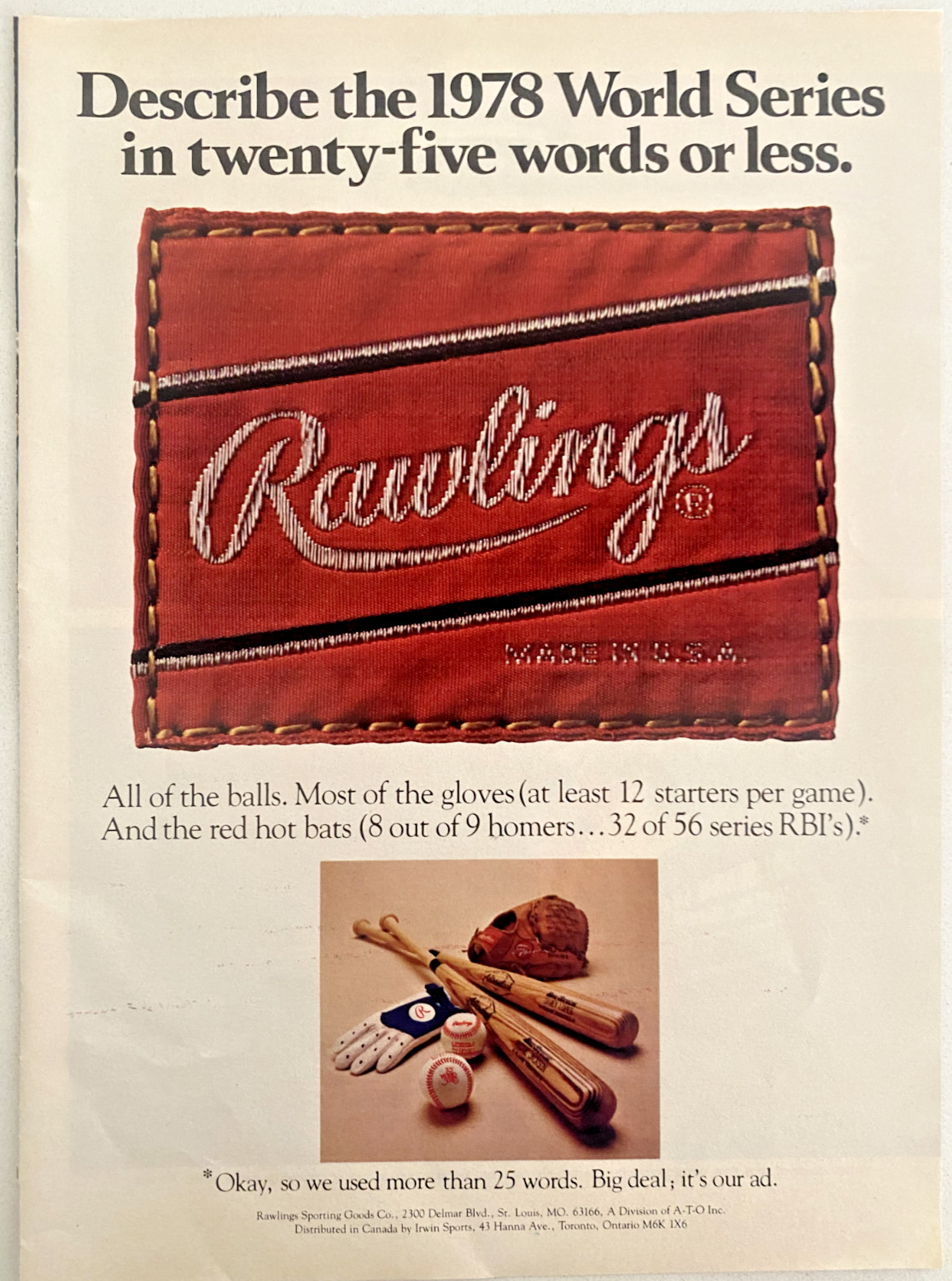 Rawlings \'78 World Series Balls, Gloves, Bats Vintage 1979 Print Ad