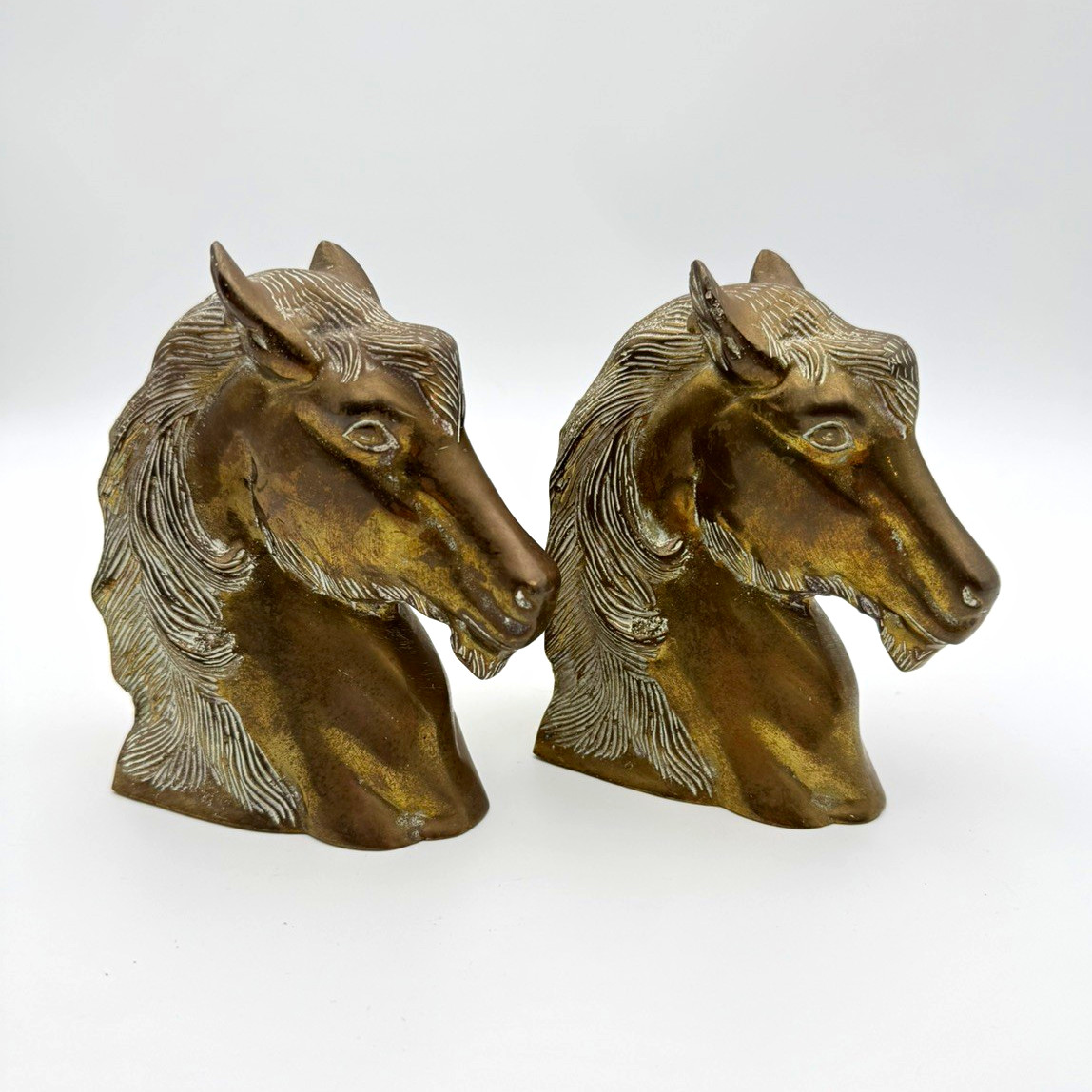 Vintage Brass Bronze Horse Head Bookends Equestrian Hollywood Regency Heavy Pair