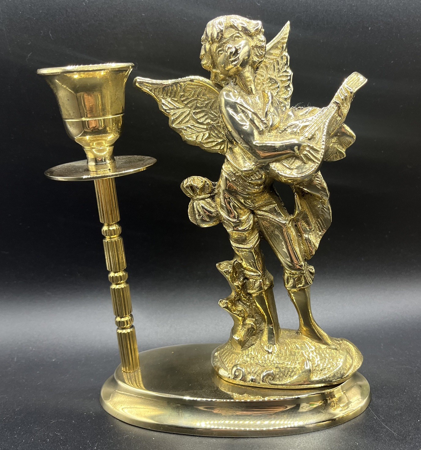Vintage Pair Brass Candlestick Baroque Cherub Angel w/ Mandolin Figurine Heavy