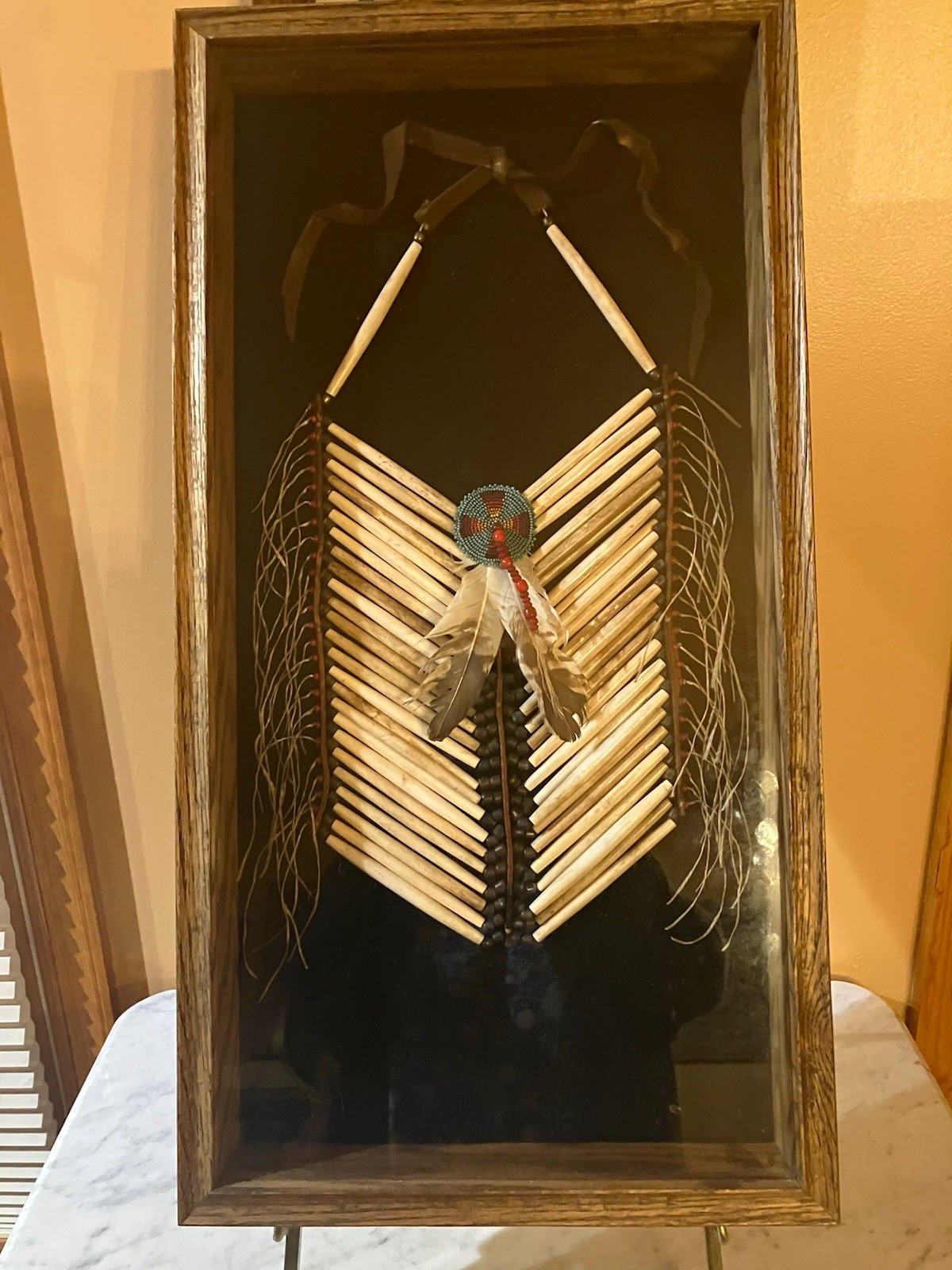 Native American Beadwork Bone Breastplate w/ Beaded Medallion Shadow Box 24\ Native American Beadwork Bone Breastplate w/ Beaded Medallion Shadow Box 24\
