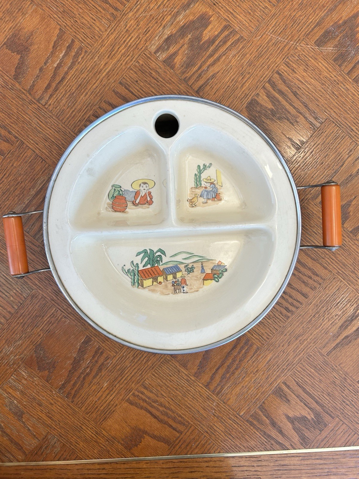 Vintage Mid Century Child’s Divided Warming Plate - Mexican Village Scene Vintage Mid Century Child’s Divided Warming Plate - Mexican Village Scene