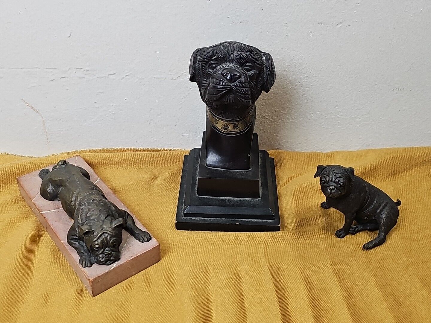 Bronze Pug Statues Lot Of 3 Bust, Laying Down And Sitting