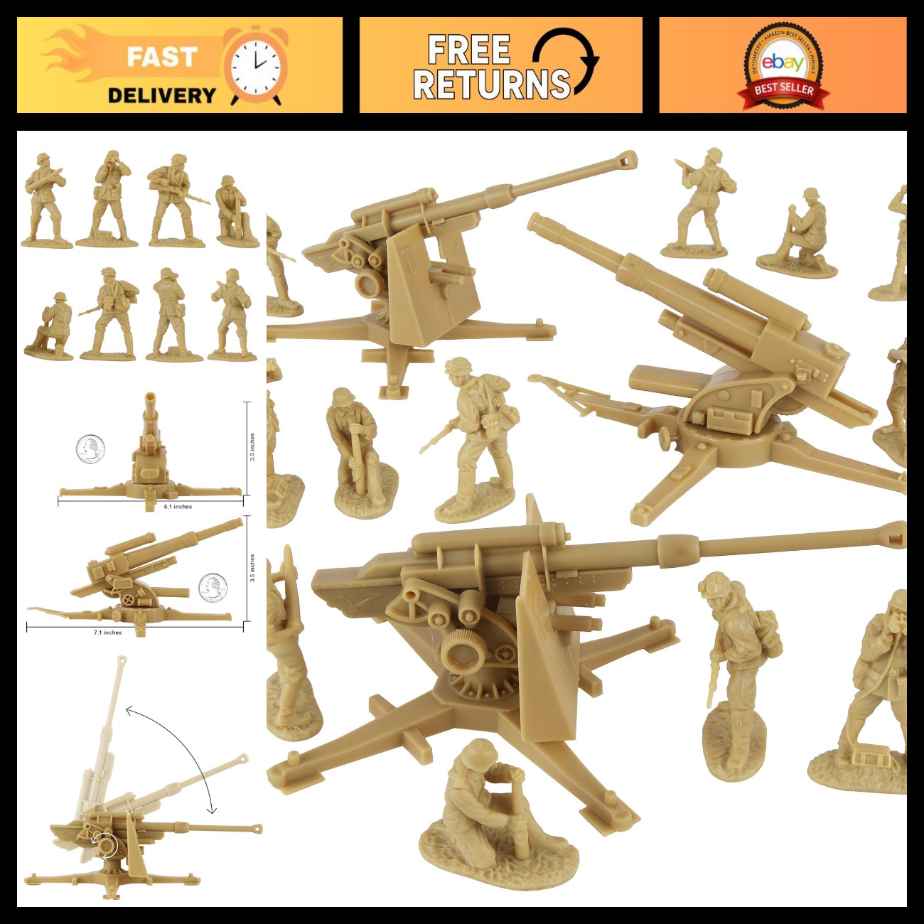 WW2 German 88mm Flak Artillery Set with 15 Tan Army Men Figures - Military Model WW2 German 88mm Flak Artillery Set with 15 Tan Army Men Figures - Military Model