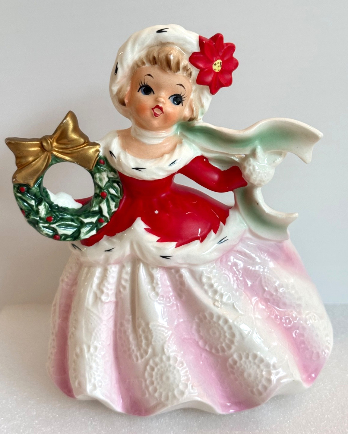 Vtg Napco Napcoware Xmas Girl Planter Santa Suit Wreath Poinsettia Japan X7441