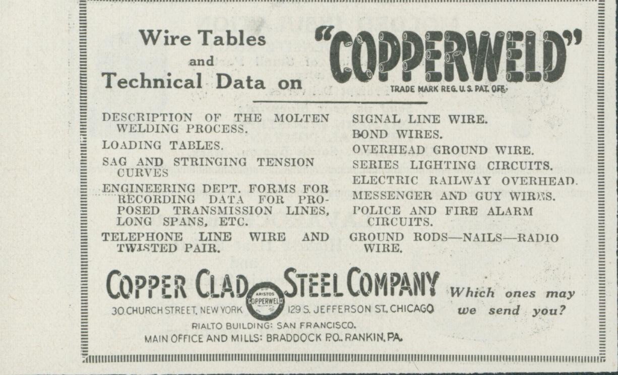 1923 Copperweld Wire Tables Technical Data Copper Clad Steel Company Ad EW1 1923 Copperweld Wire Tables Technical Data Copper Clad Steel Company Ad EW1