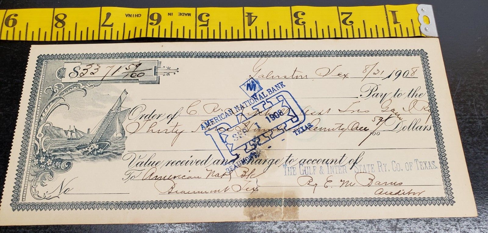 1908 Canceled check - American National Bank - Sailing ships - Beaumont Texas