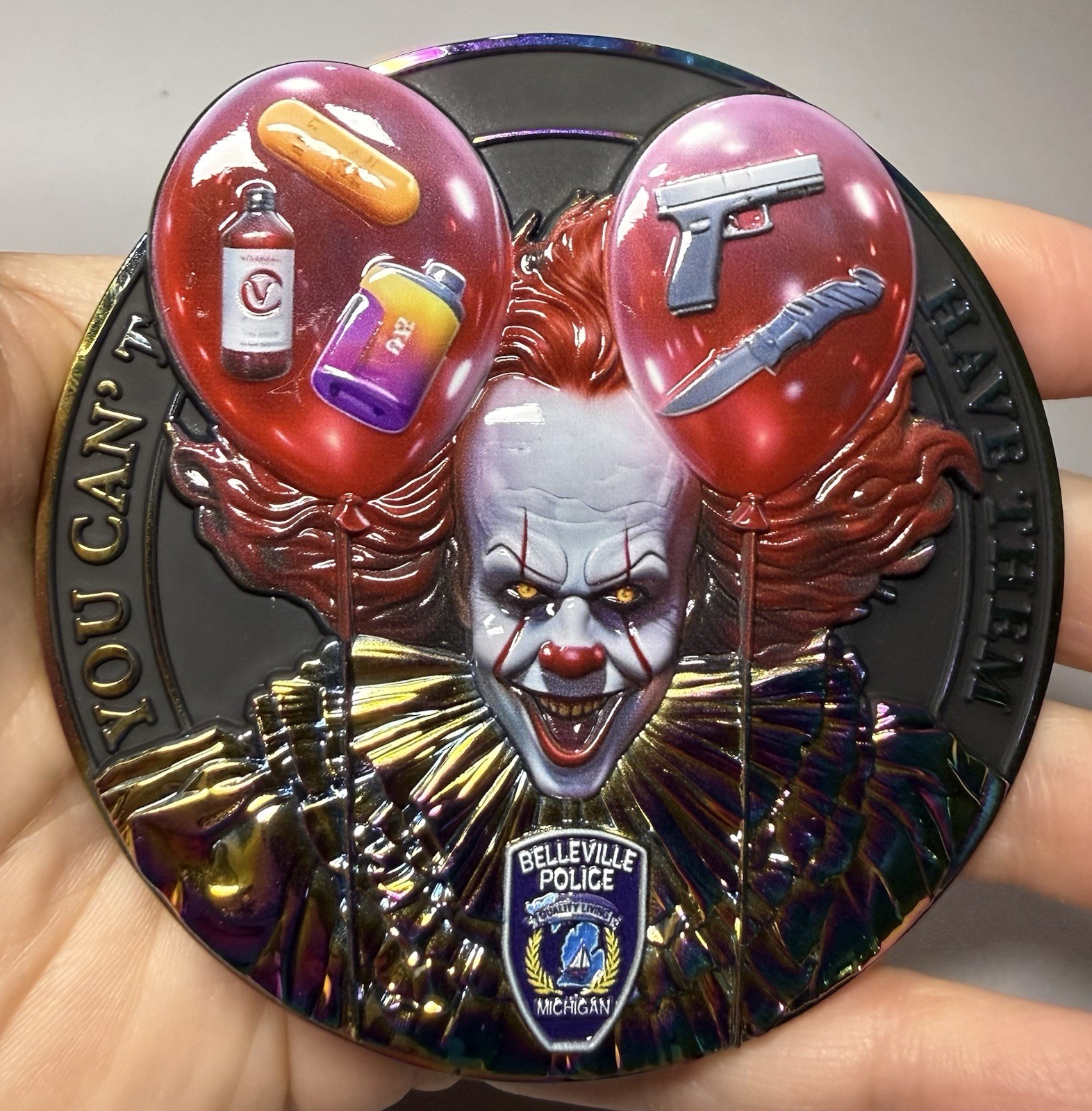 💥Belleville Police Van Buren Pennywise School Resource Officer Challenge Coin 💥Belleville Police Van Buren Pennywise School Resource Officer Challenge Coin