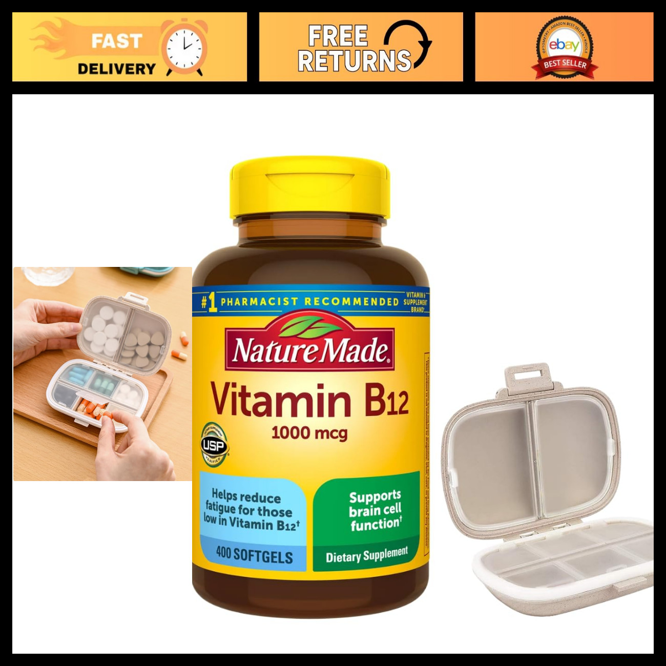 Nature Made Vitamin B12 1000 mcg., 400 Softgels Bundle with a Pill Oragnizer (2 Nature Made Vitamin B12 1000 mcg., 400 Softgels Bundle with a Pill Oragnizer (2