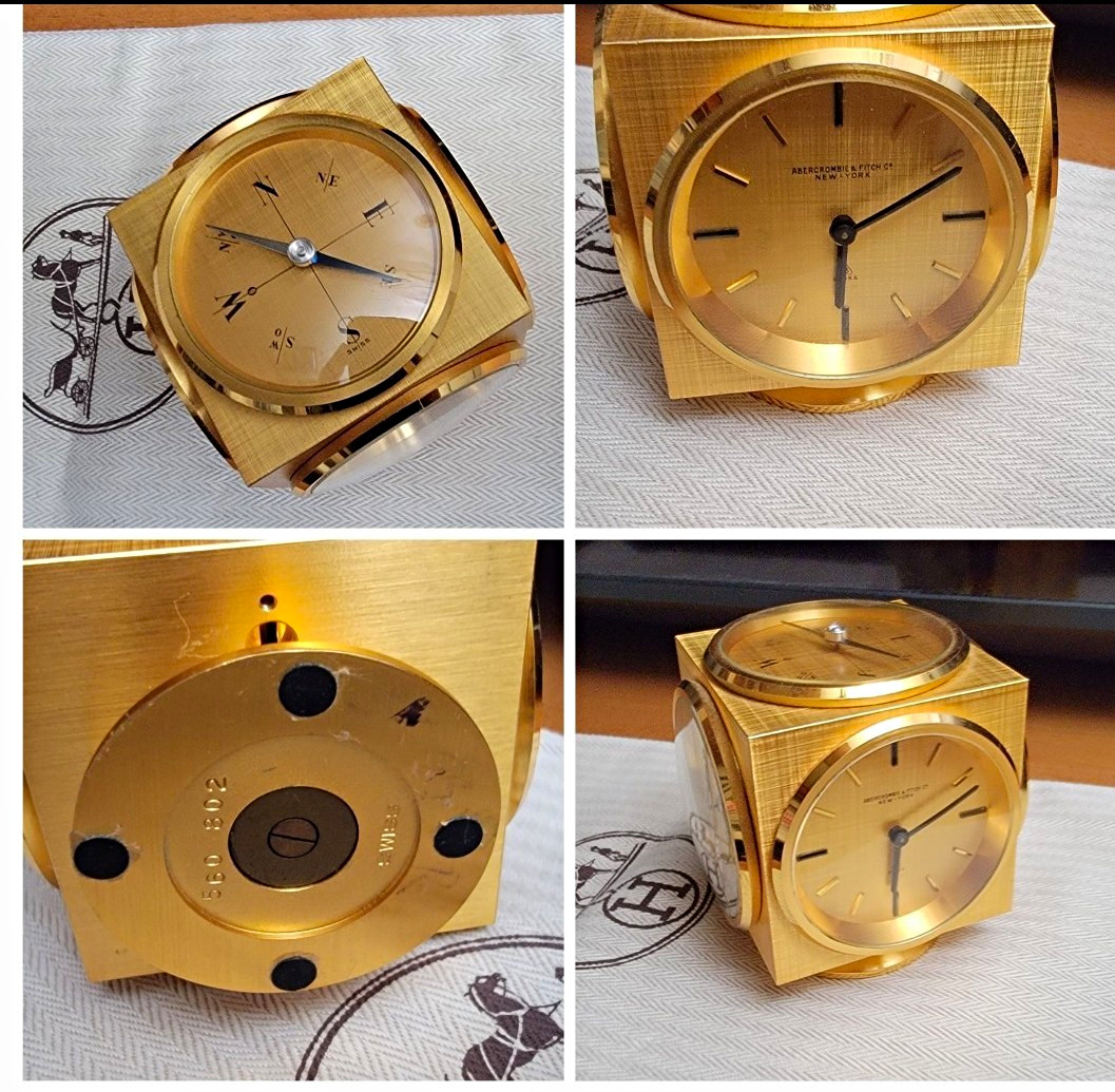 Abercrombie & Fitch Co. Swiss Gold Metal Cube Analog Desk Clock Thermometer Read Abercrombie & Fitch Co. Swiss Gold Metal Cube Analog Desk Clock Thermometer Read