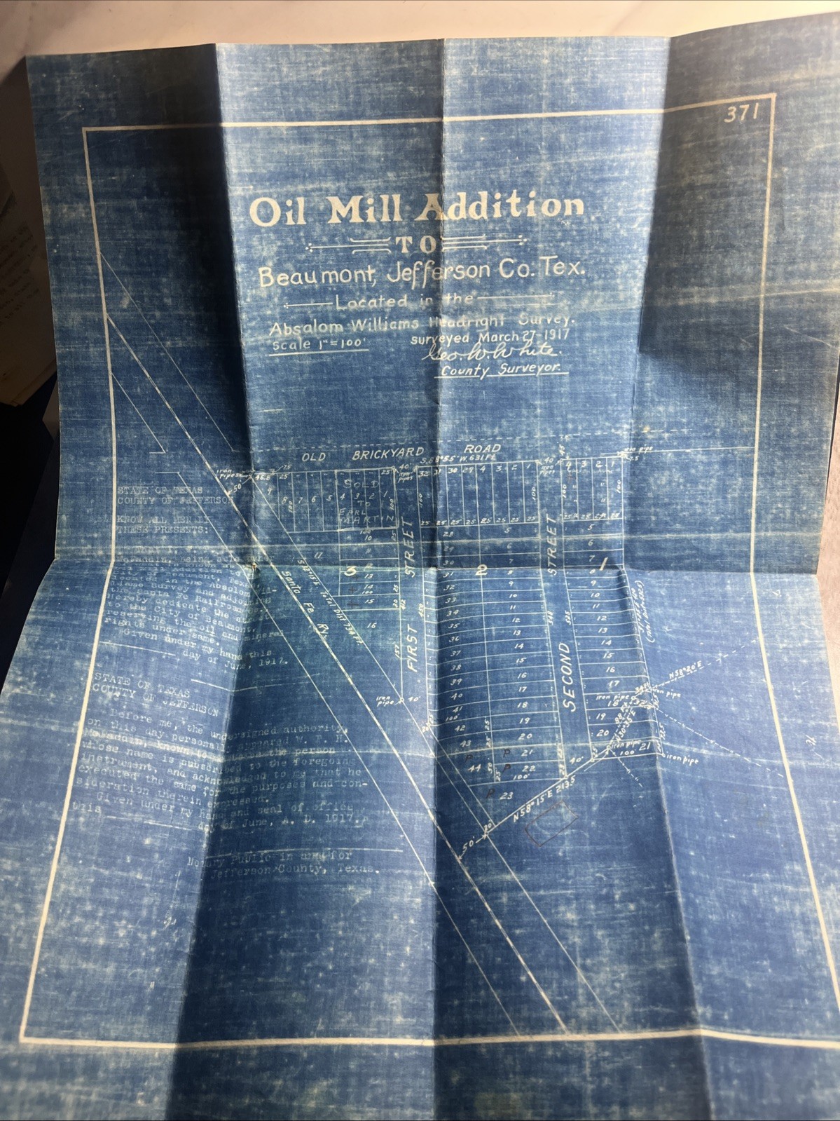 1917 Beaumont Texas Oil Mill Addition Plat Map Jefferson County Brick Yard Road