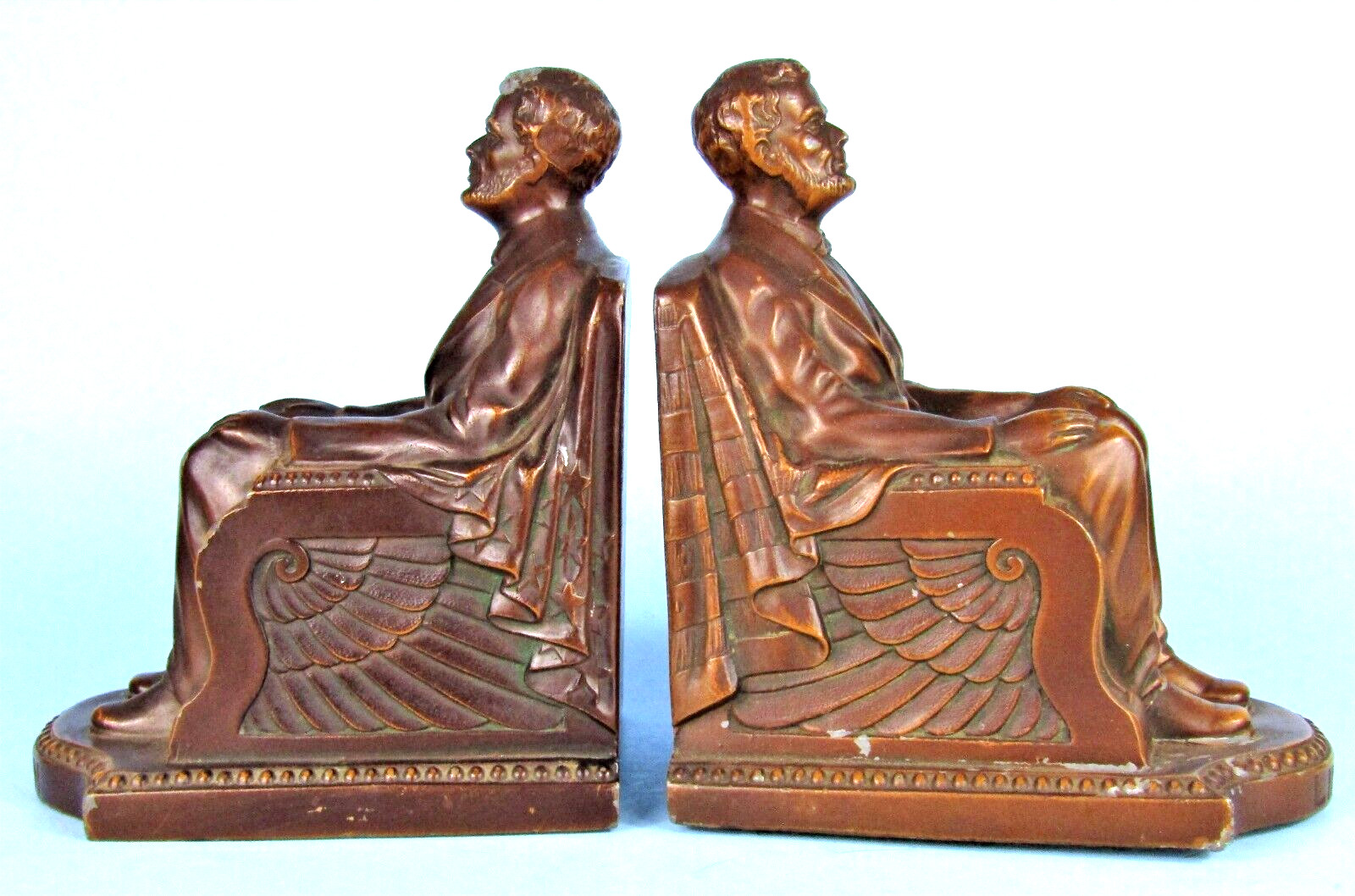 Nuart Antique Bronzed Metal Bookends Abraham Lincoln on Throne with Flag 1924 Nuart Antique Bronzed Metal Bookends Abraham Lincoln on Throne with Flag 1924