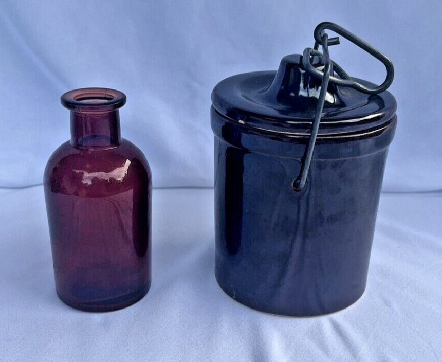 Vintage Stoneware Crock with Latching Lock-Seal Lid and Brown Medical Bottle