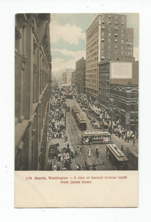 Postcard: Seattle, Washington - View of Second Avenue from James Street; trolley