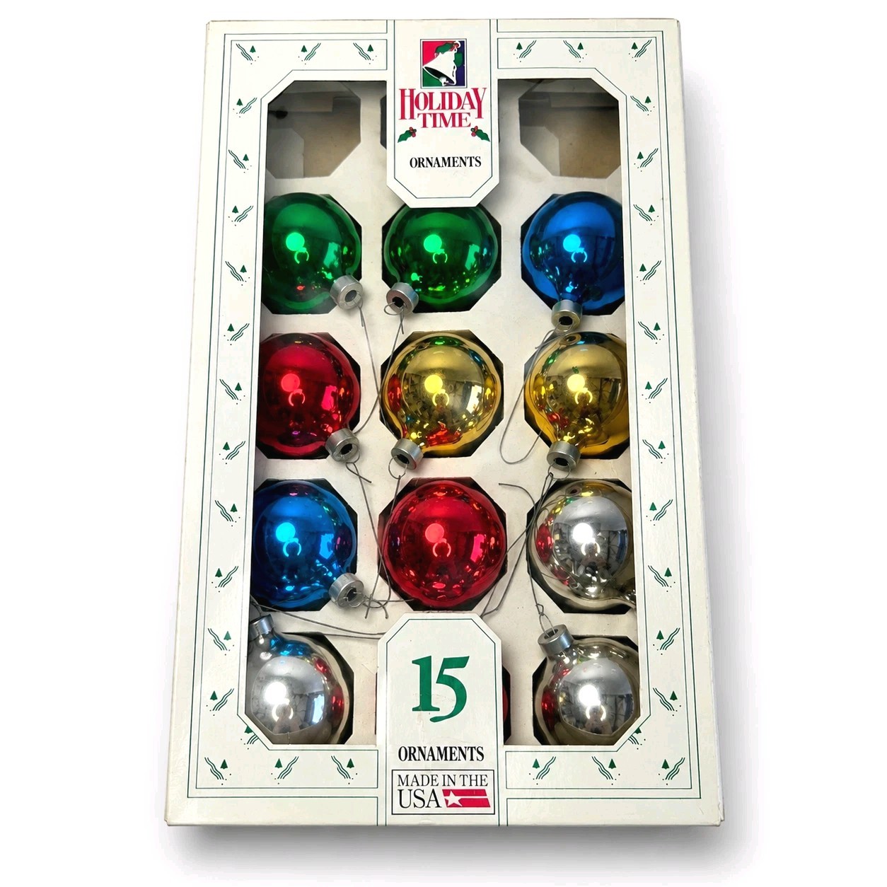 Vintage Holiday Time 12 Glass Ball Christmas Ornaments USA Rauch Original Box