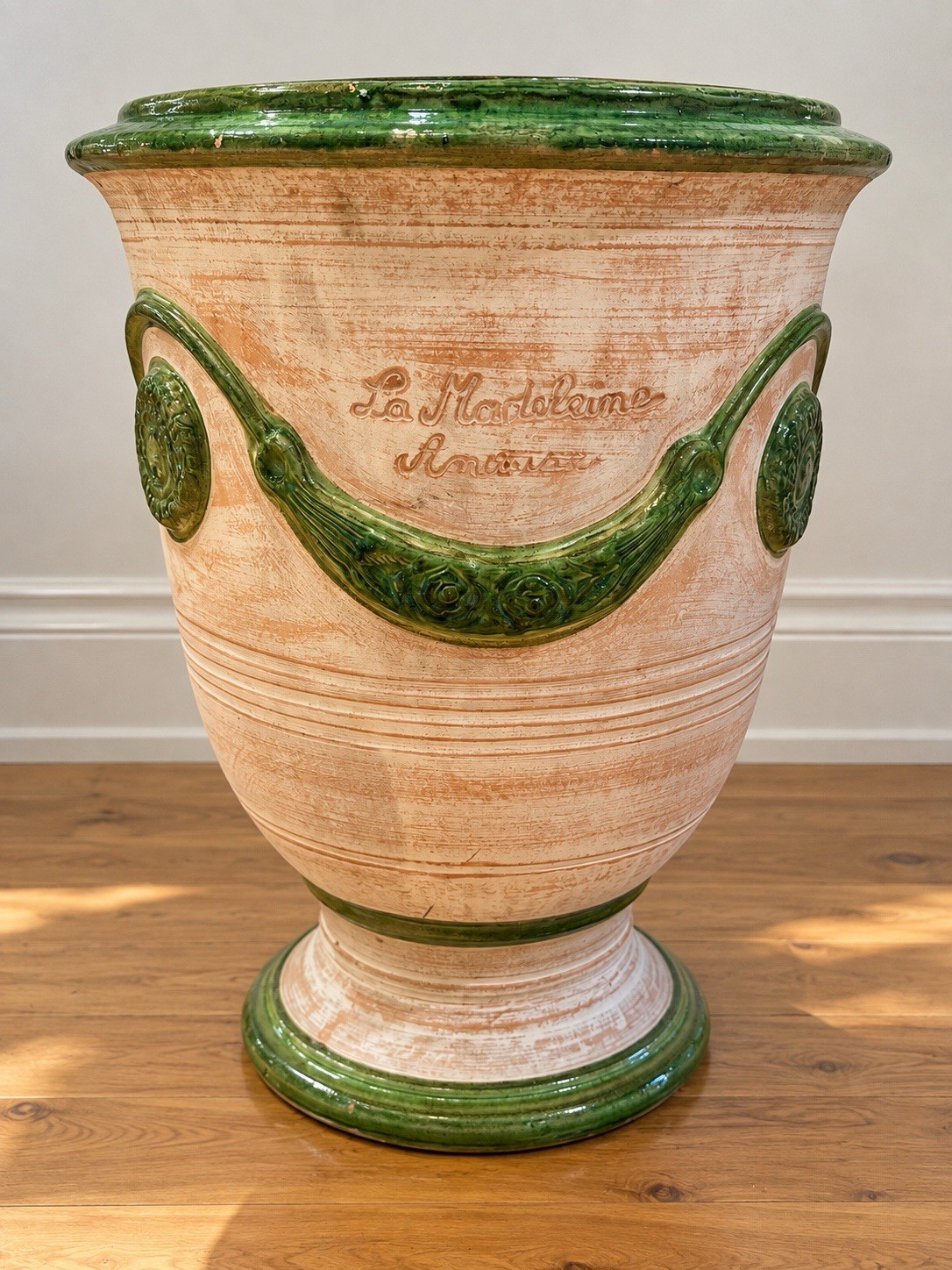 La Madeleine Anduze French Terracotta Garden Planter Urn Green Glaze 21”