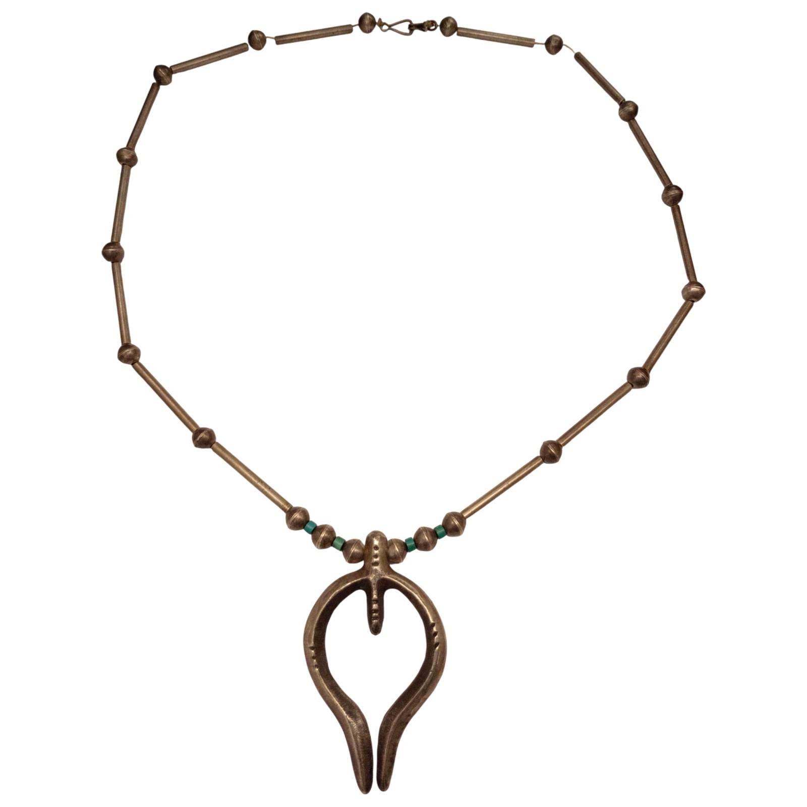 Early 1940s Navajo Hand Wrought Bead Naja Sterling Silver Necklace 