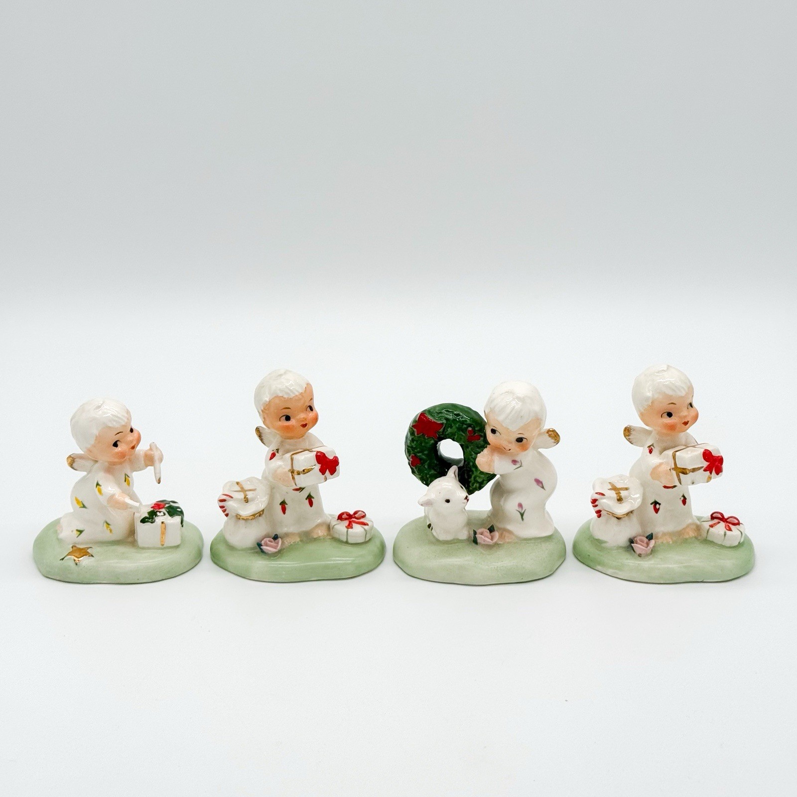 Set 4 Vtg Napco 1956 Christmas Ceramic Angel Wreath Present Itsy Bitsy Kitschy Set 4 Vtg Napco 1956 Christmas Ceramic Angel Wreath Present Itsy Bitsy Kitschy