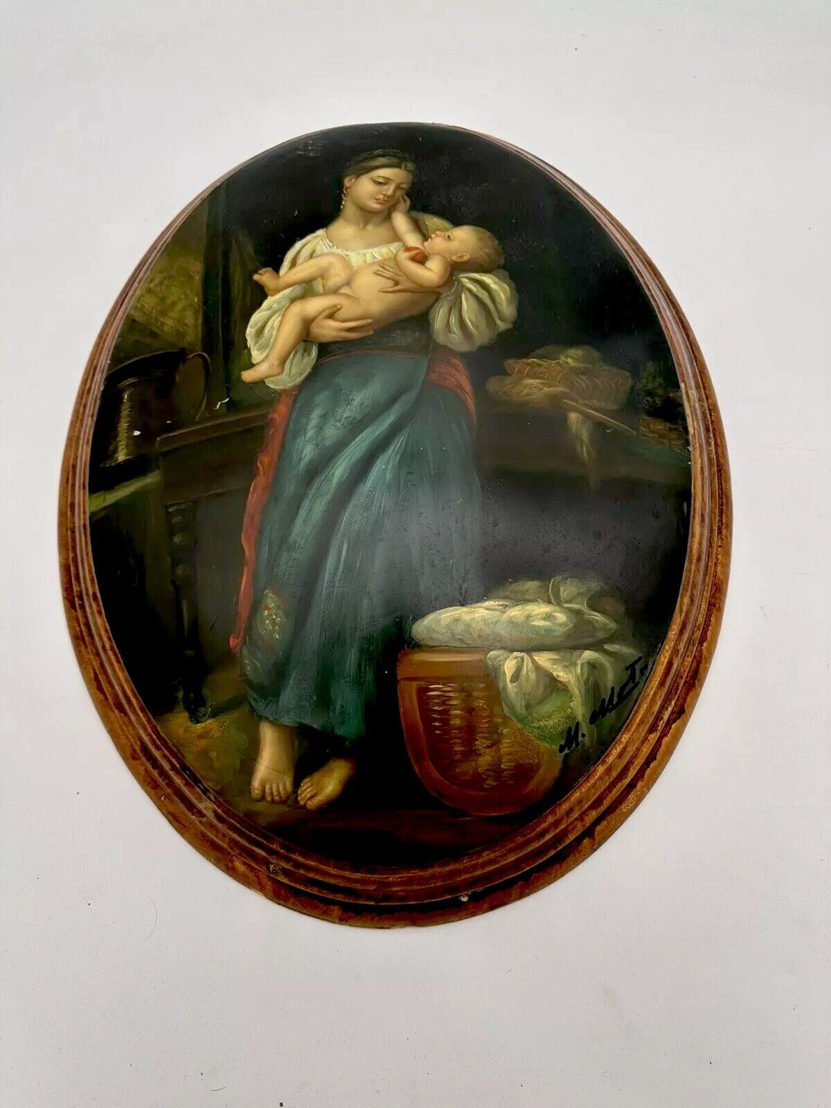 ANTIQUE 1920 ITALIAN Original Oil Paint Solid Wood Portrait Madonna Child Signed