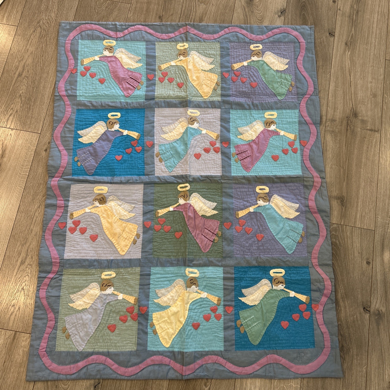 Vintage Angel Hearts Quilt Wall Hanging Hand Quilted 37x47 Pastel Cottage Vintage Angel Hearts Quilt Wall Hanging Hand Quilted 37x47 Pastel Cottage