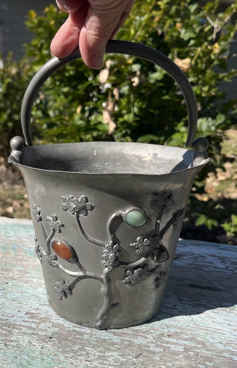 Antique Chinese Pewter Bucket Pail W Embossed Vines & Inlaid Gems Inc Jade