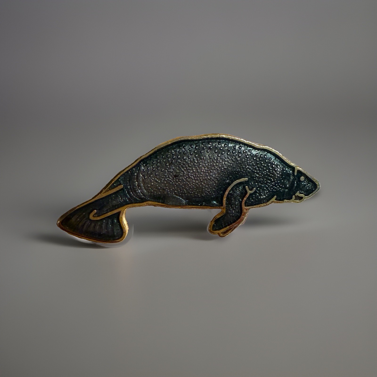 Vintage Manatee Enamel Lapel Pin Gold Tone Sea Cow Ocean Marine Wildlife Brooch