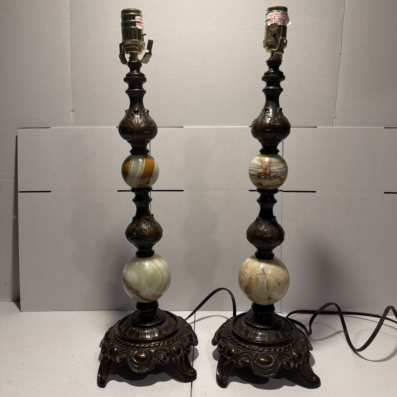 Vintage Ornate Bronze Tone Marble Onyx Ball Table Lamps Pair Baroque Traditional