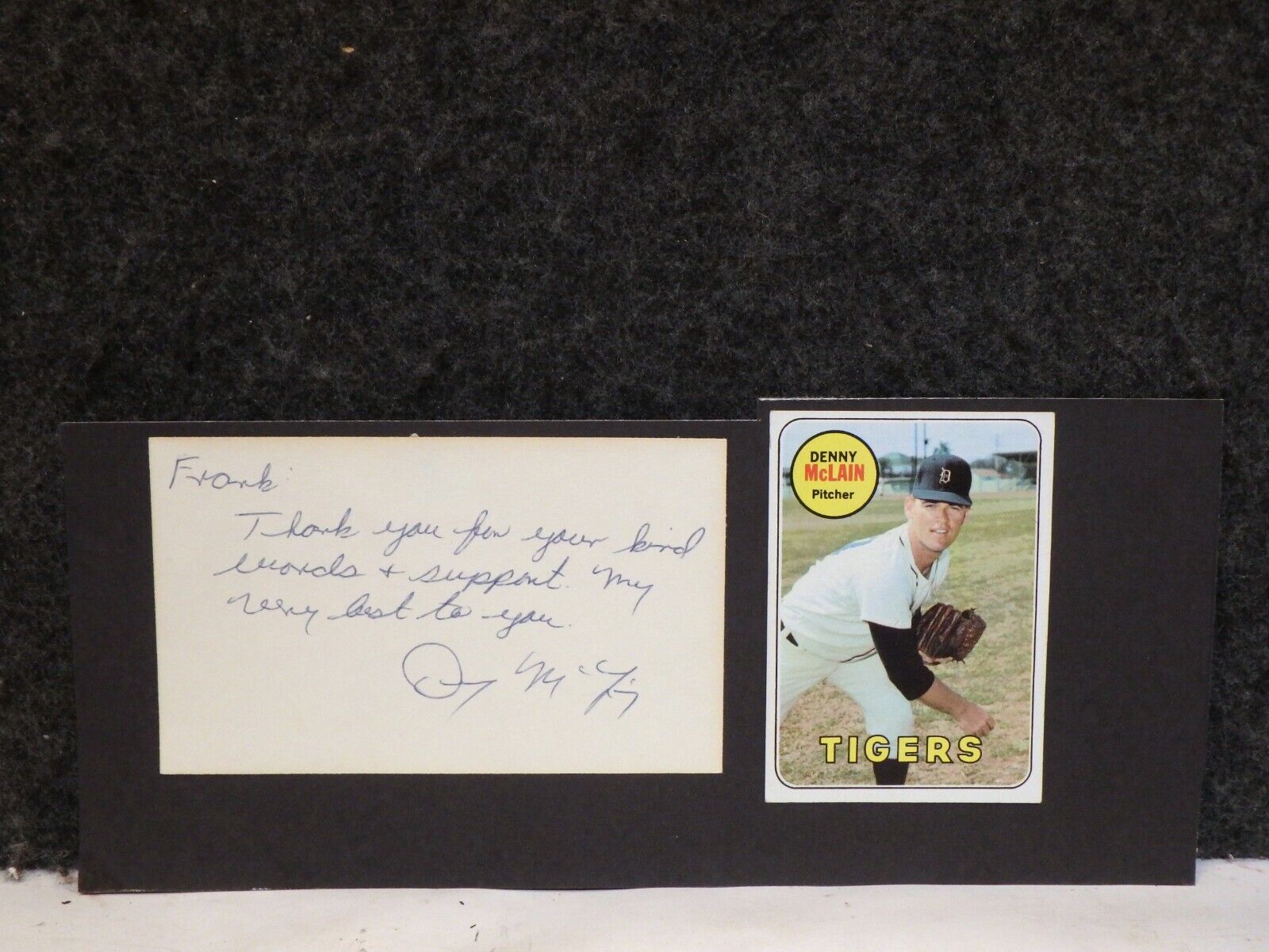 VINTAGE 1969 DENNY McLAIN DETROIT PITCHER AUTOGRAPHED CARD WITH BASEBALL CARD