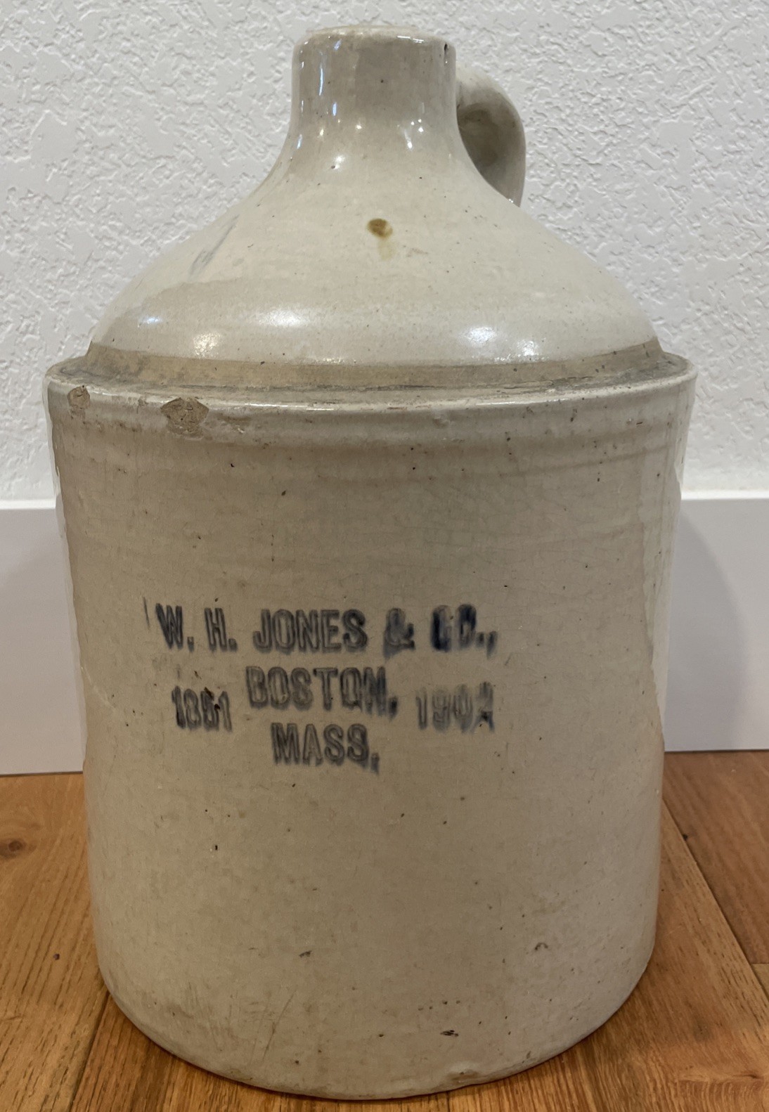 Antique W.H Jones & Co Boston Mass Stoneware Advertising 13” Whiskey Jug Crock Antique W.H Jones & Co Boston Mass Stoneware Advertising 13” Whiskey Jug Crock