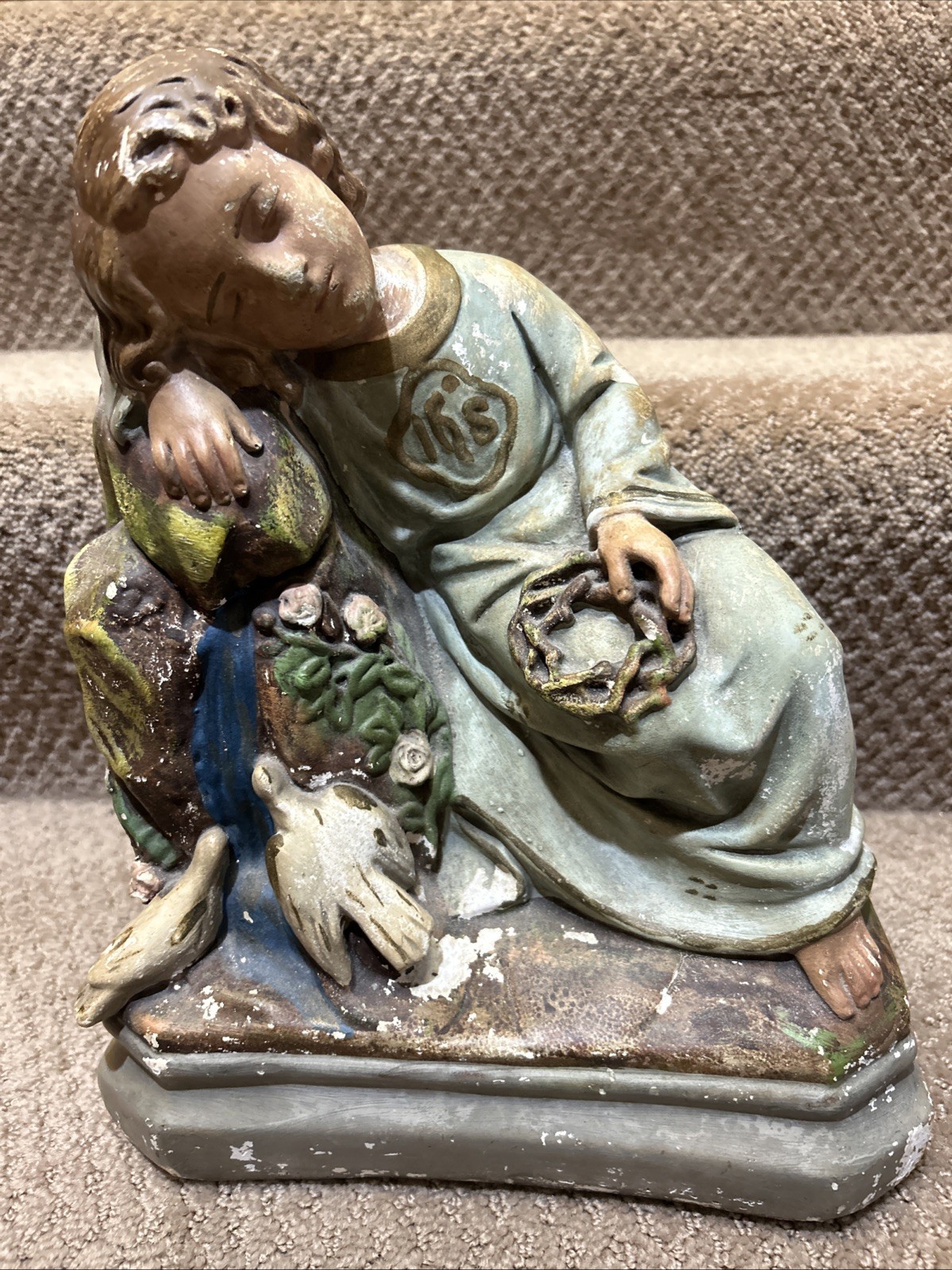 Antique 1900s Era Child Jesus Resting Rock of Ages Chalkware Religious Statue
