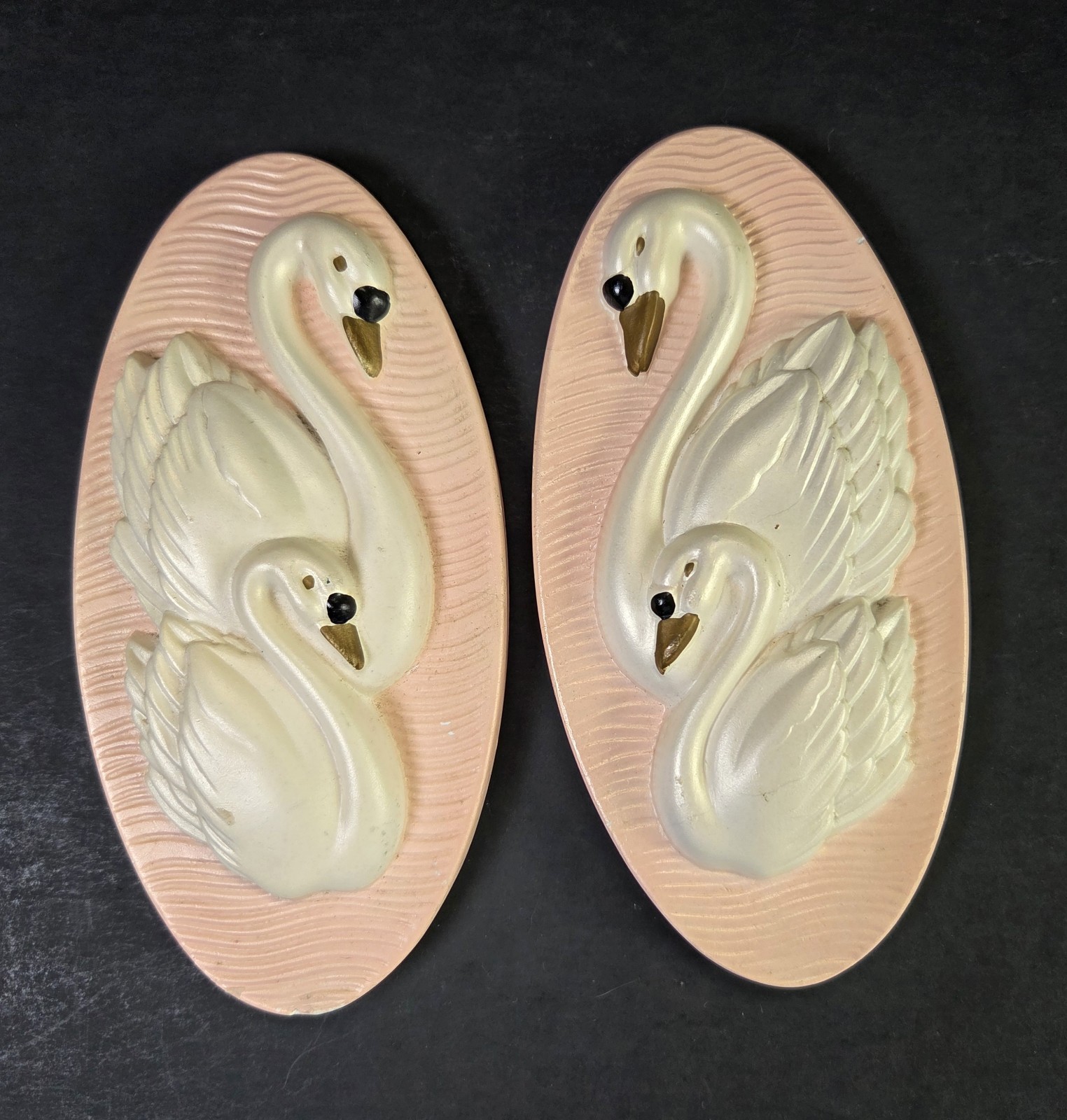 2 Pc 1965 Miller Chalkware Swans HTF PINK Oval Wall Art Plaques Kitschy Vintage 